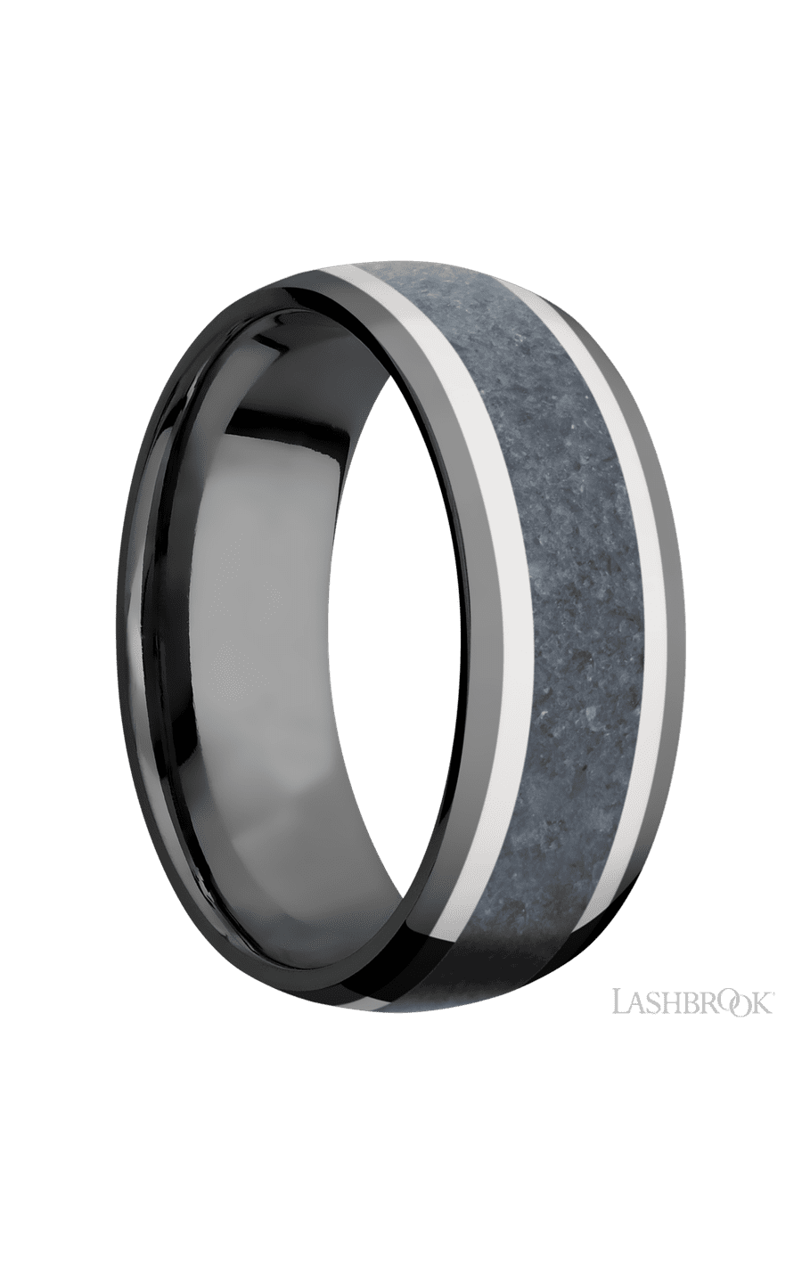 8 mm wide/Domed/Zirconium band featuring inlays of 14K White Gold and Blue Sapphire.