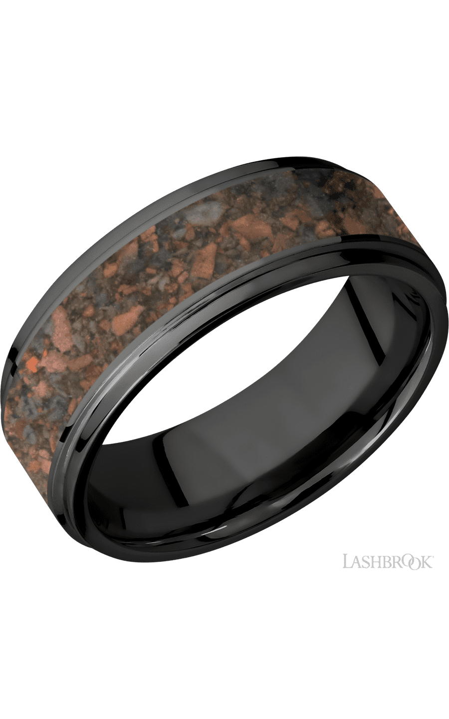 8 mm wide/Flat Grooved Edges/Zirconium band with one 5 mm Centered inlay of Desert Jasper.
