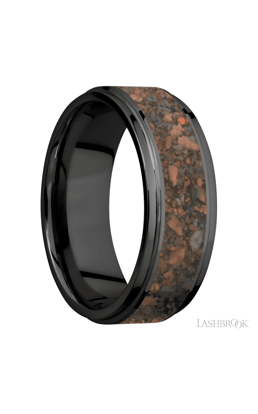 8 mm wide/Flat Grooved Edges/Zirconium band with one 5 mm Centered inlay of Desert Jasper.