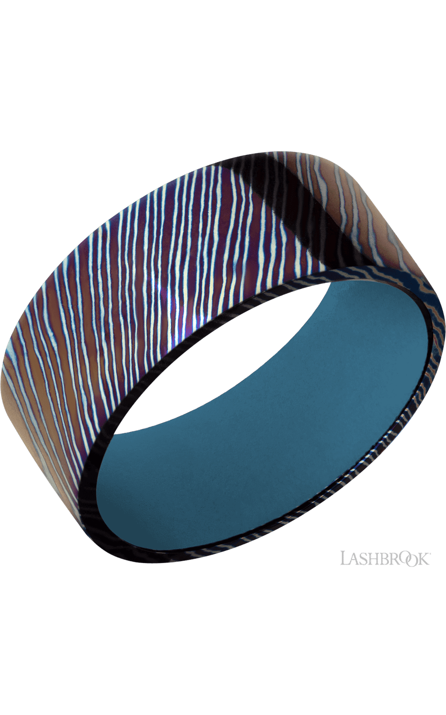 9 mm wide Flat Titanium Damascus band featuring a Royal Blue sleeve.