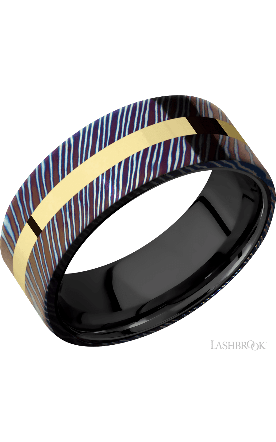 8 mm wide/Flat/Titanium Damascus band with one 2 mm Centered inlay of 14K Yellow Gold also featuring a Zirconium sleeve.