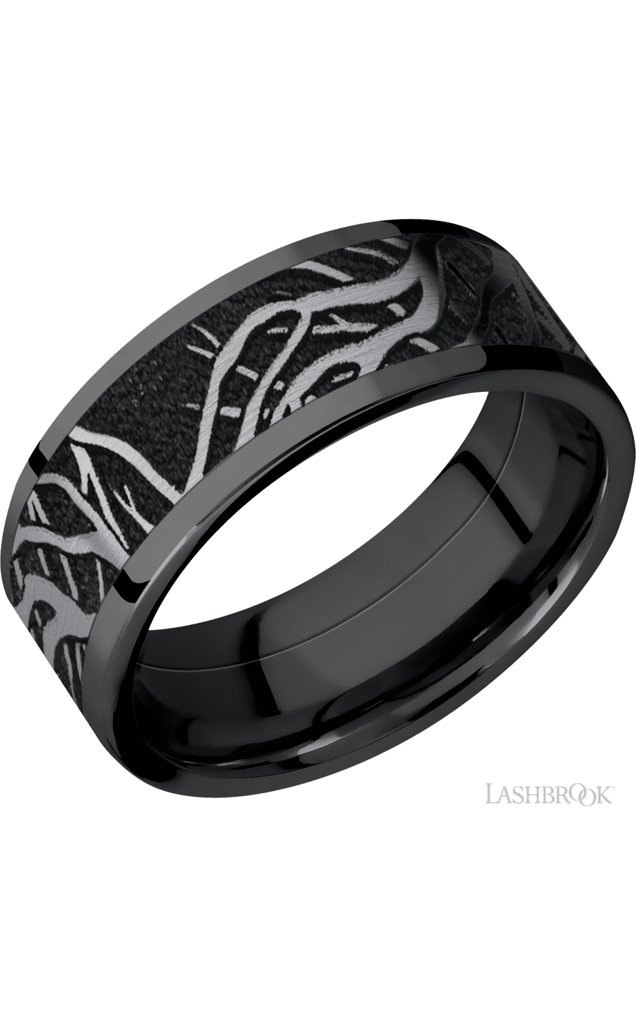 8 mm wide/Flat/Zirconium band with one 6 mm Centered inlay of Tantalum with a laser carved Branches pattern.