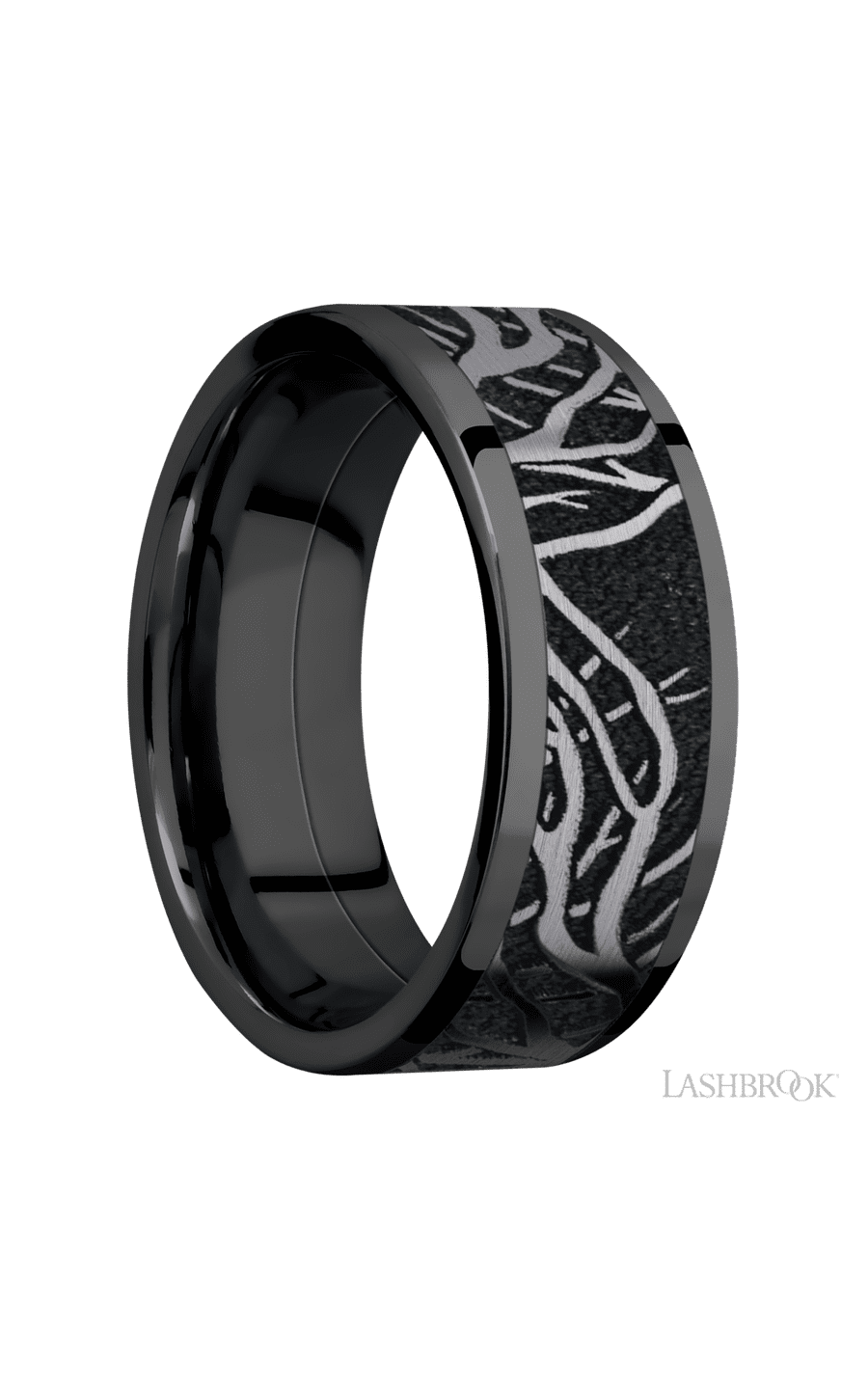 8 mm wide/Flat/Zirconium band with one 6 mm Centered inlay of Tantalum with a laser carved Branches pattern.