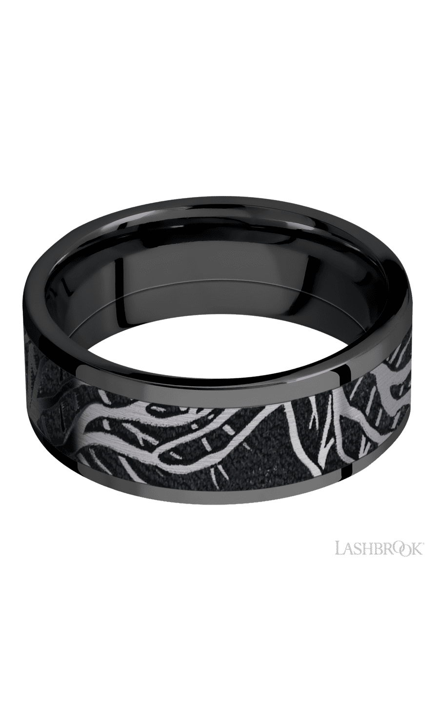 8 mm wide/Flat/Zirconium band with one 6 mm Centered inlay of Tantalum with a laser carved Branches pattern.