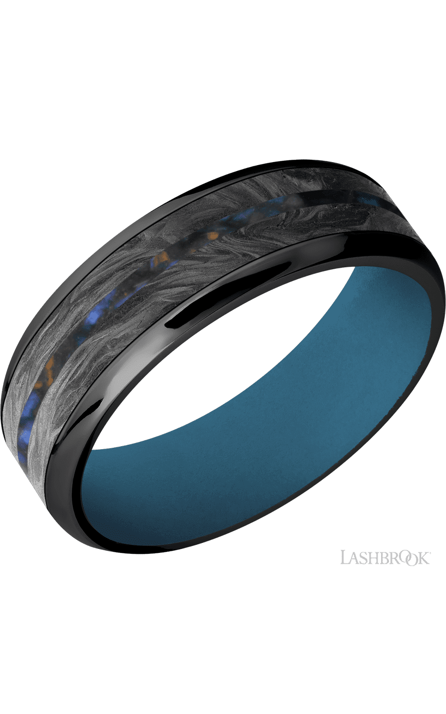 7 mm wide/Beveled/Zirconium band featuring inlays of Forged Carbon Fiber and Blue Tiger Eye also featuring a Royal Blue sleeve.