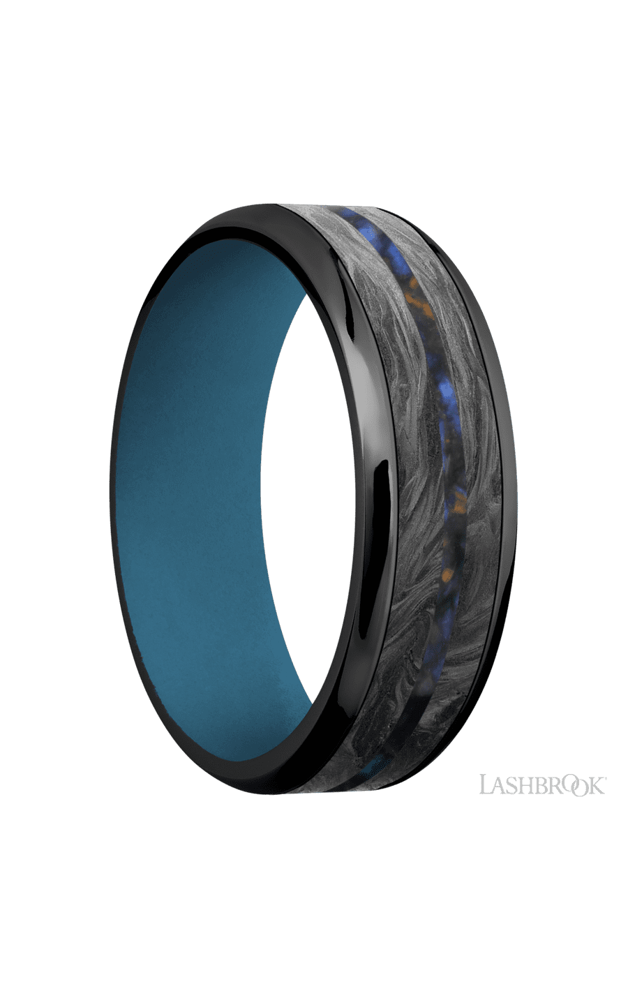 7 mm wide/Beveled/Zirconium band featuring inlays of Forged Carbon Fiber and Blue Tiger Eye also featuring a Royal Blue sleeve.