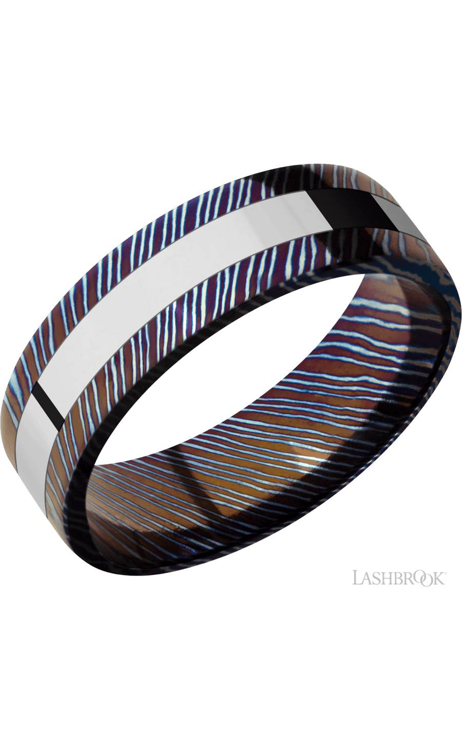 7 mm wide/Flat/Titanium Damascus band with one 3 mm Centered inlay of Cobalt Chrome.