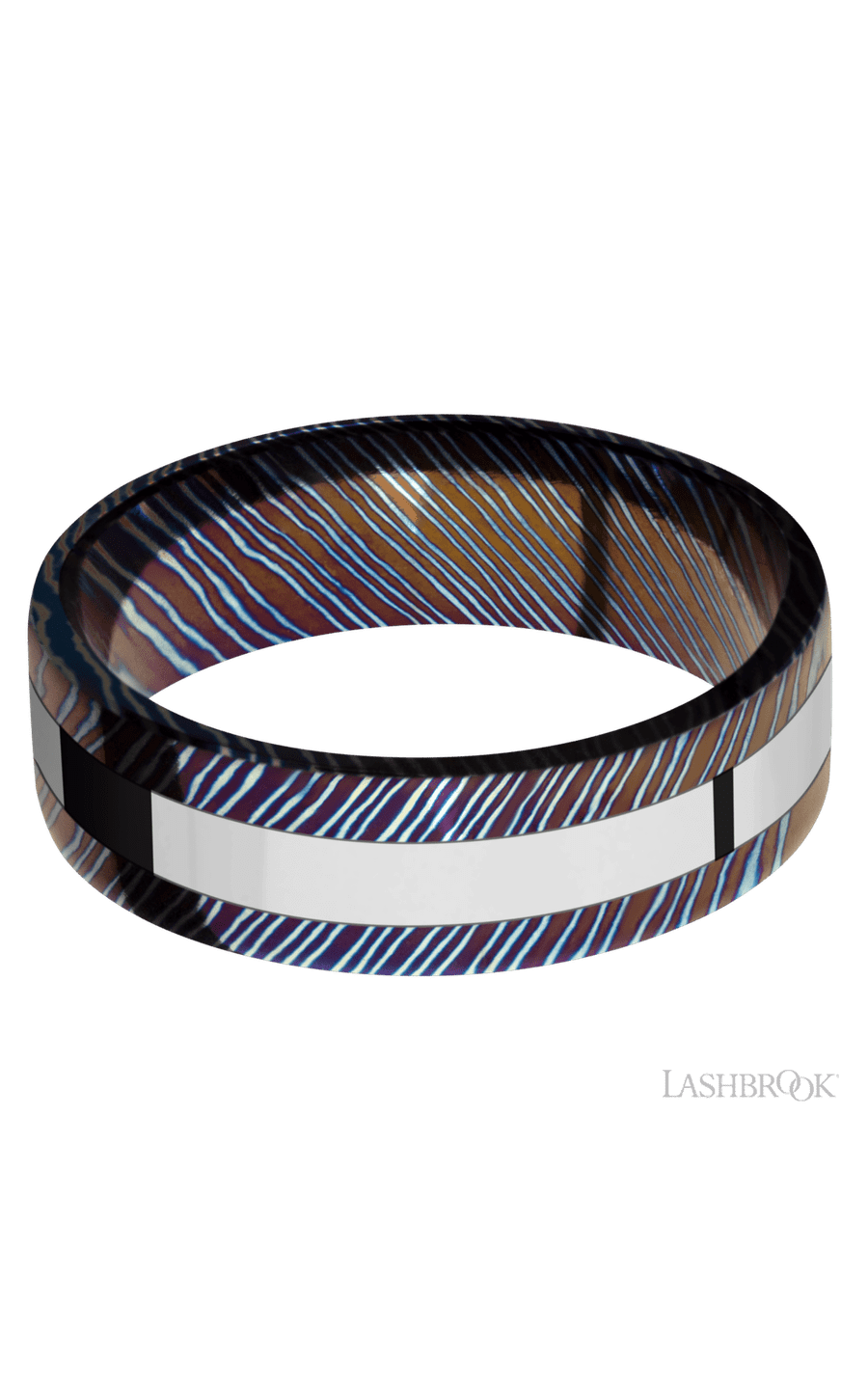 7 mm wide/Flat/Titanium Damascus band with one 3 mm Centered inlay of Cobalt Chrome.