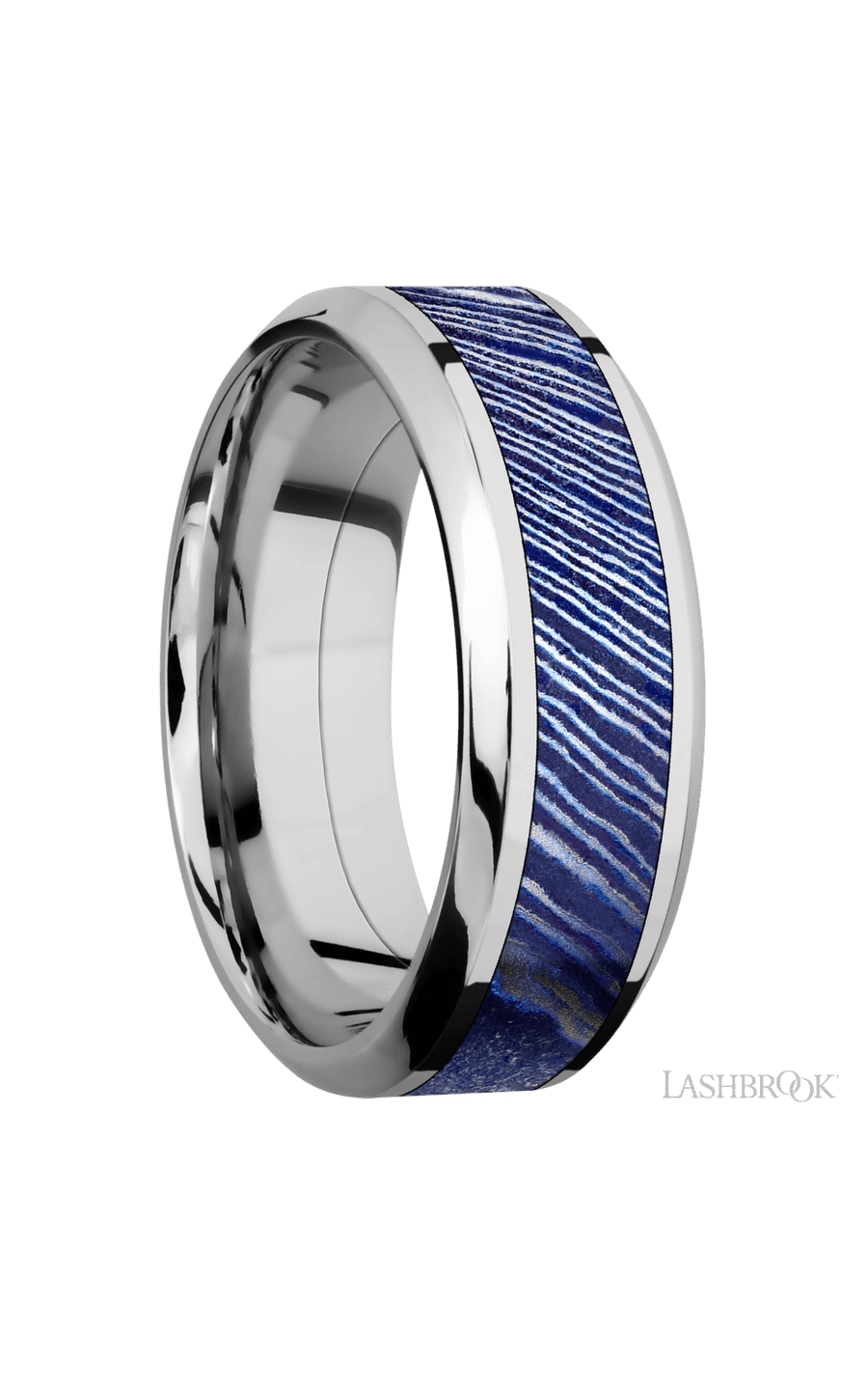 8 mm wide/High Bevel/Cobalt Chrome band with one 4 mm Centered inlay of Titanium Damascus.