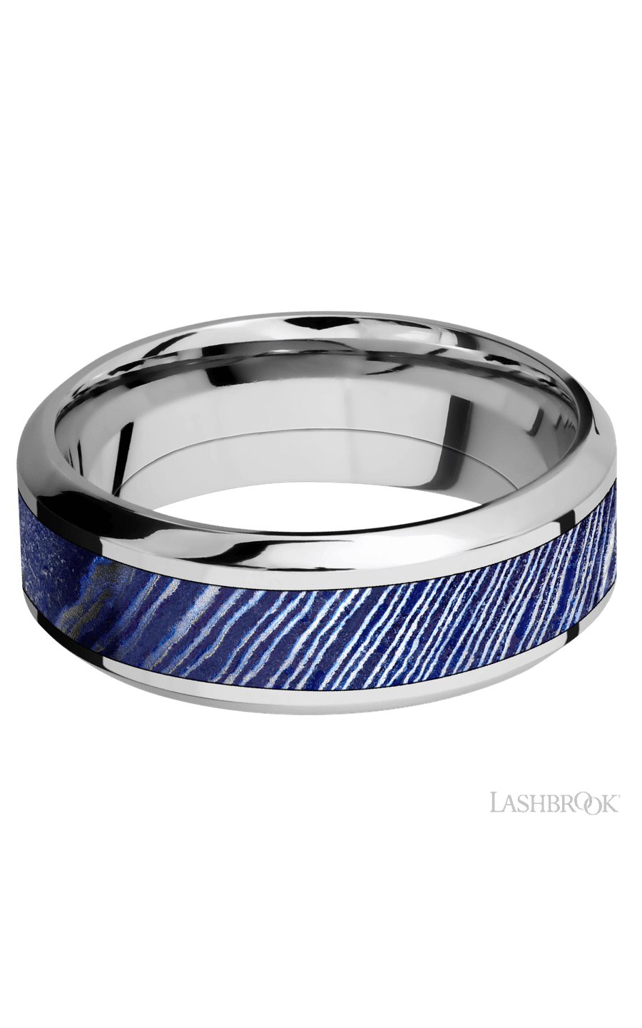8 mm wide/High Bevel/Cobalt Chrome band with one 4 mm Centered inlay of Titanium Damascus.