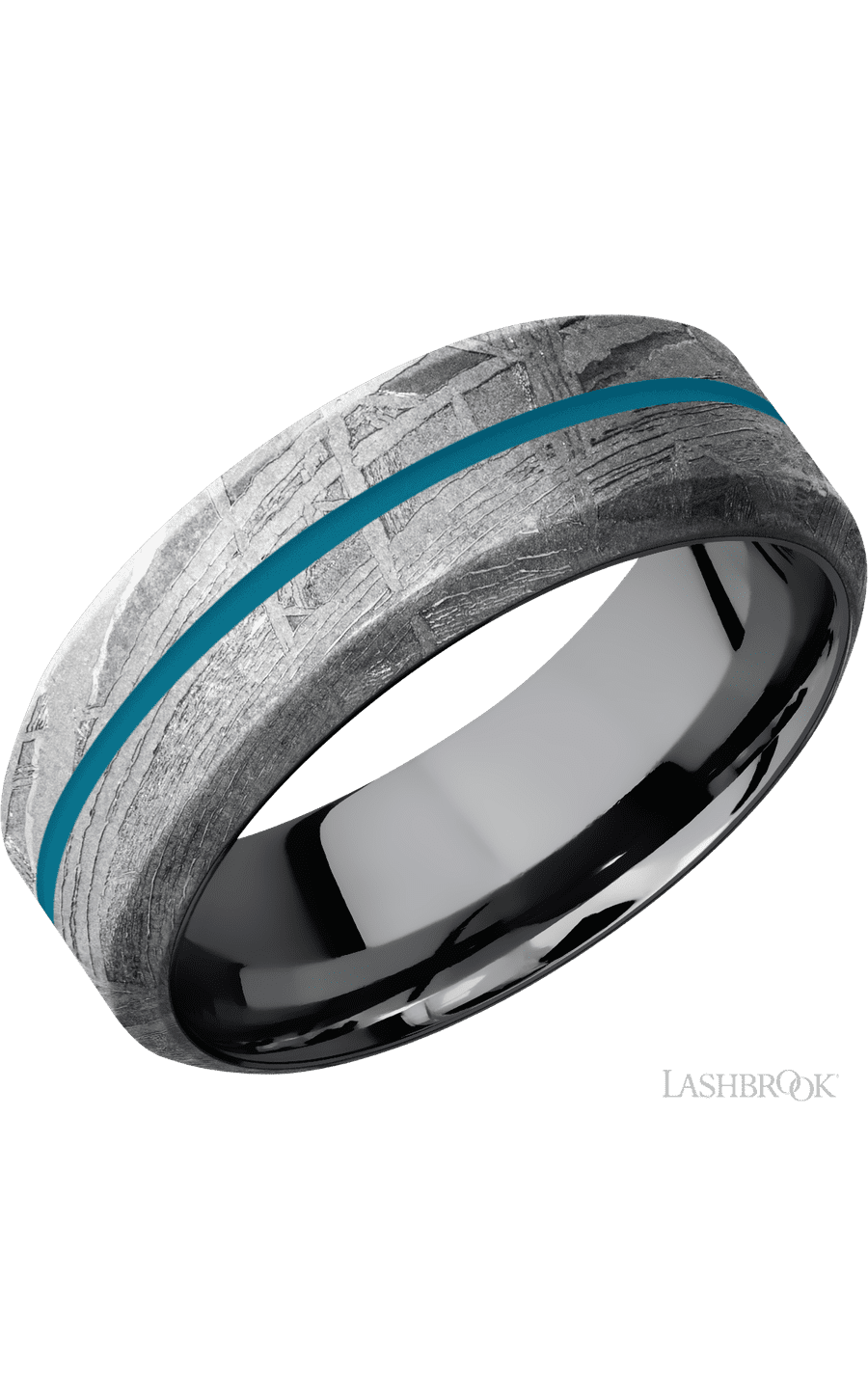 8 mm wide/High Bevel/Meteorite band with one 1 mm Centered inlay of Sea Blue also featuring a Tantalum sleeve.