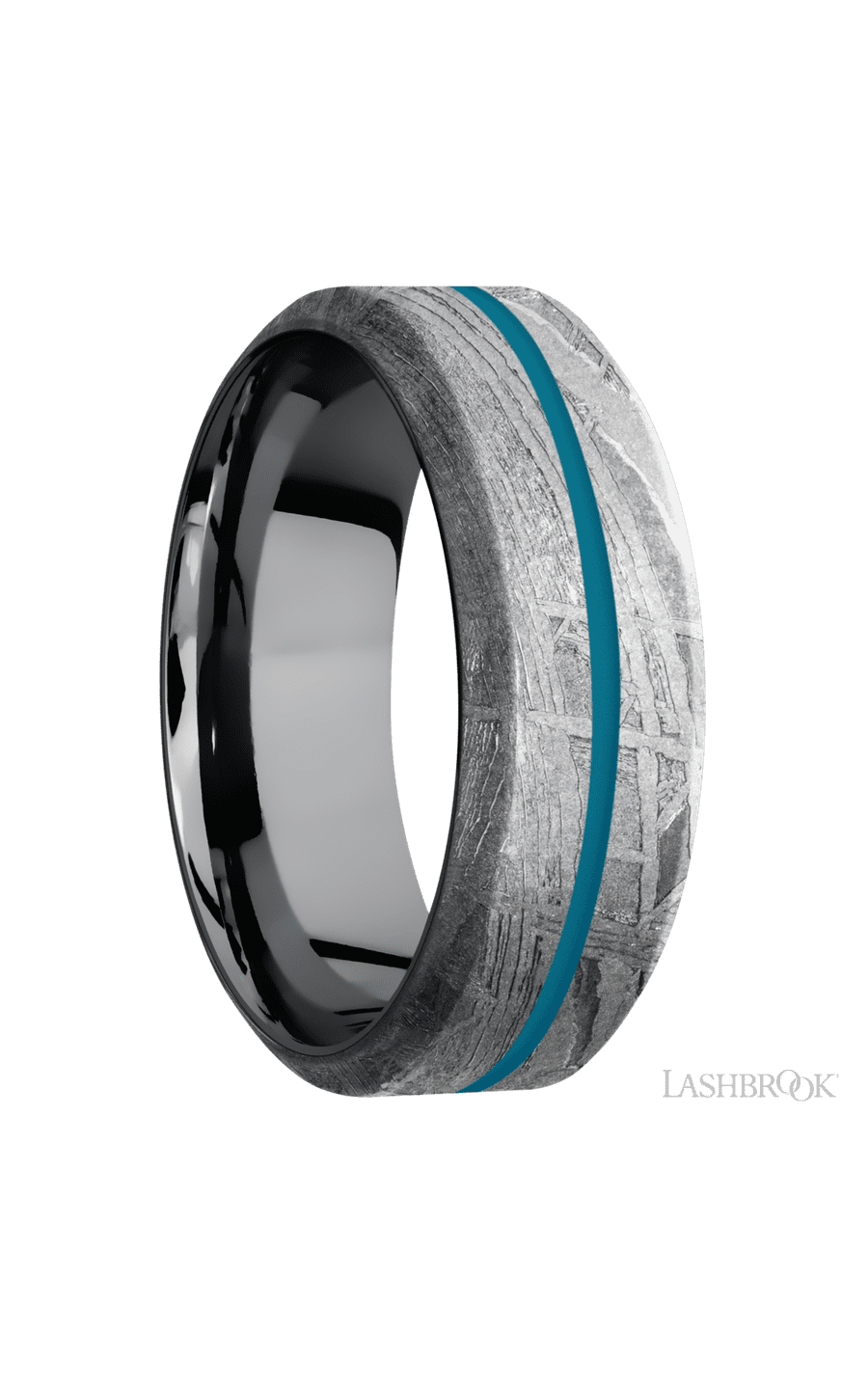 8 mm wide/High Bevel/Meteorite band with one 1 mm Centered inlay of Sea Blue also featuring a Tantalum sleeve.