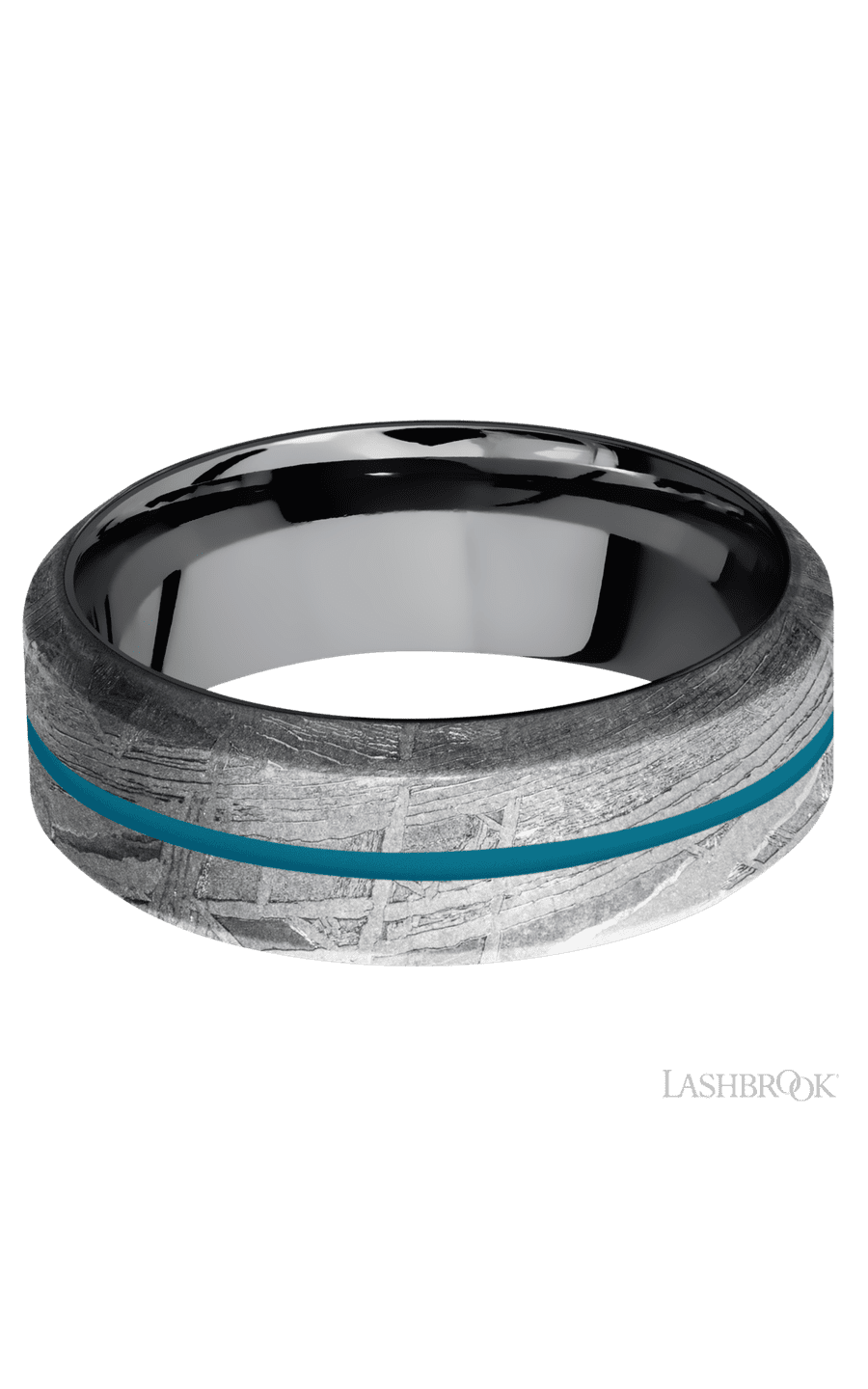 8 mm wide/High Bevel/Meteorite band with one 1 mm Centered inlay of Sea Blue also featuring a Tantalum sleeve.