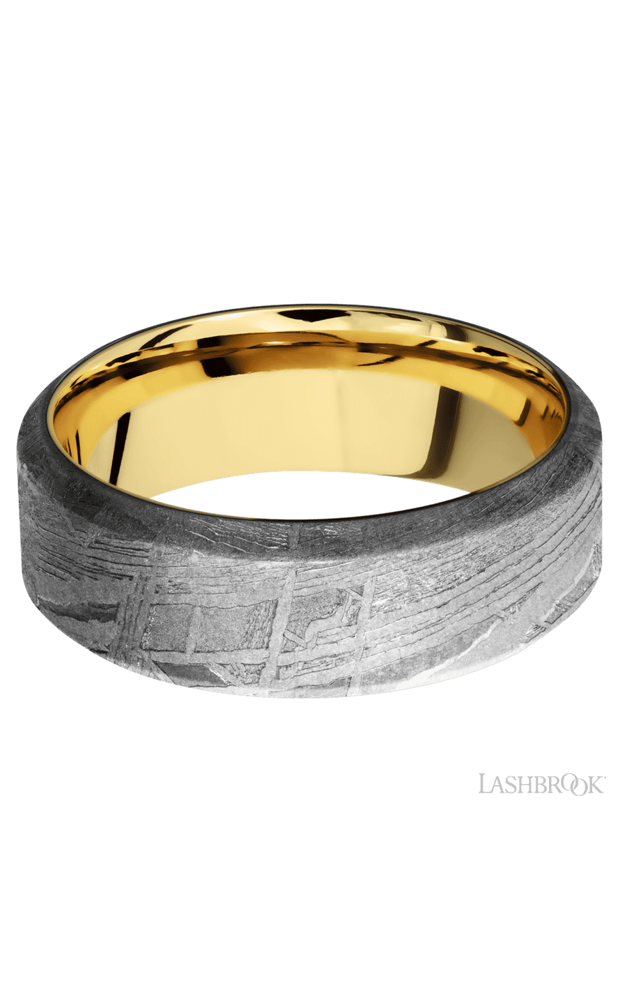 8 mm wide High Bevel Meteorite band featuring a 14K Yellow Gold sleeve.