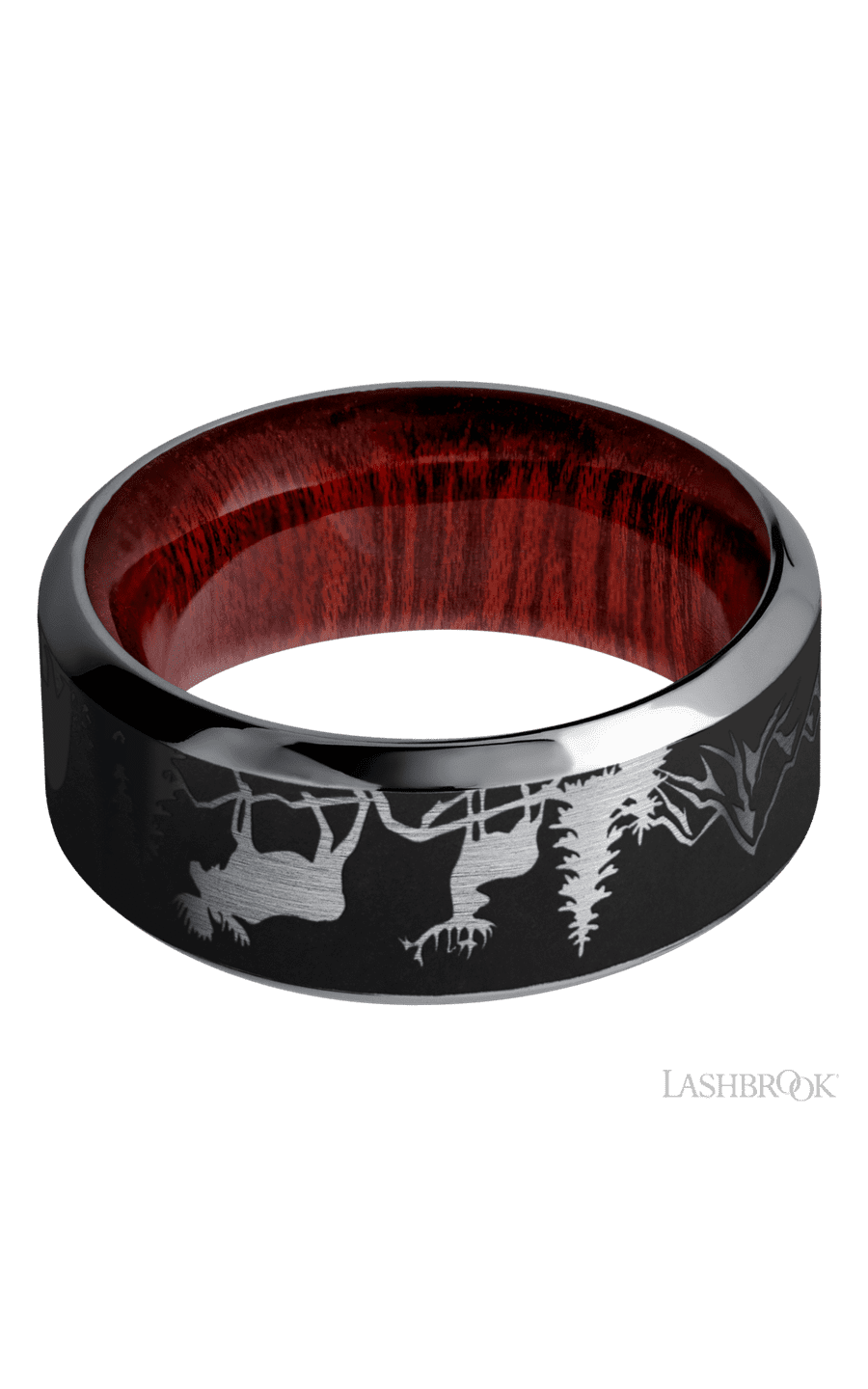 9 mm wide/High Bevel/Tantalum band with a laser carved Bear Moose Deer Mountain pattern also featuring a Blood Wood sleeve.