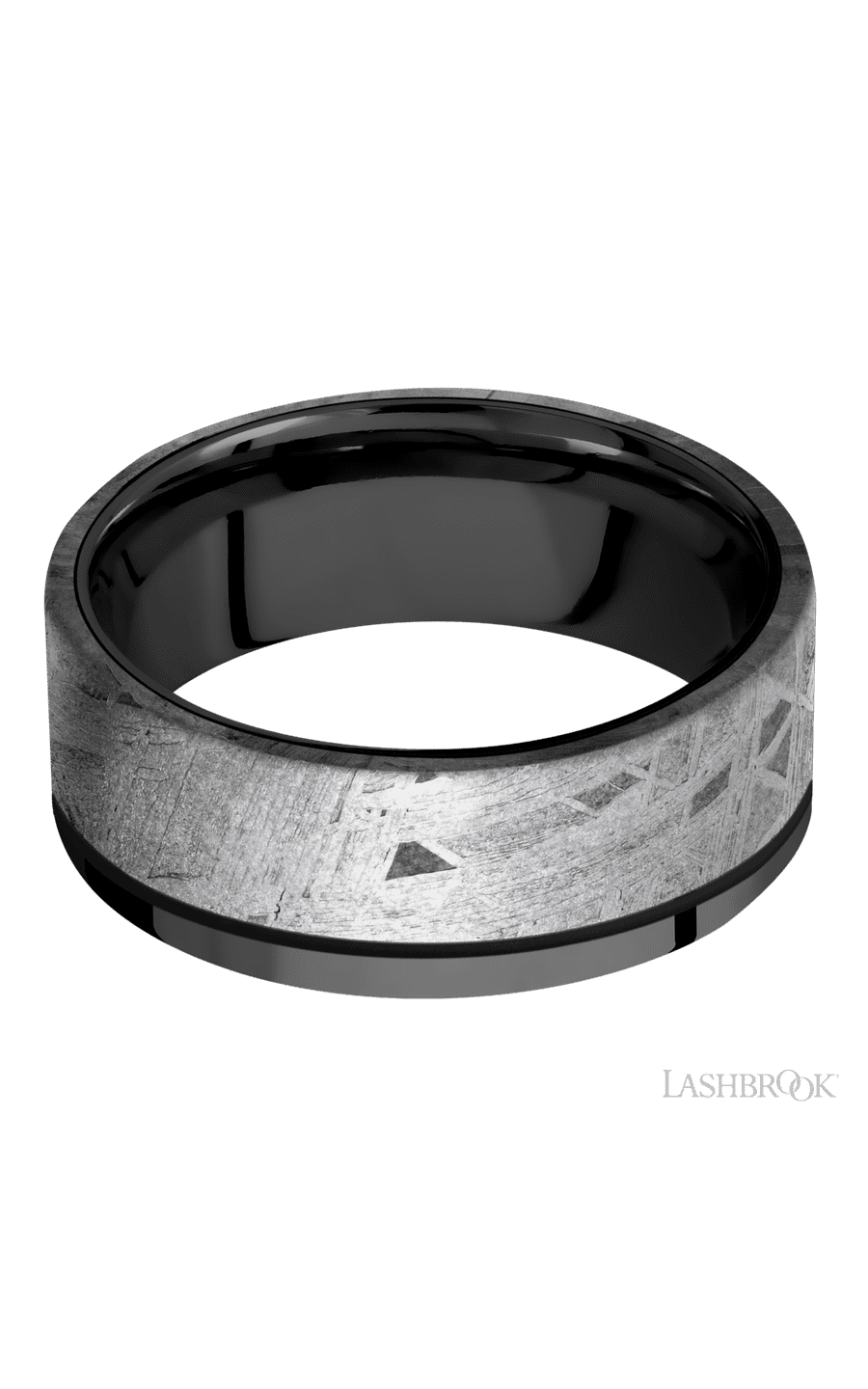 8 mm wide/Flat/Zirconium band with one 6 mm Off Center Edge inlay of Meteorite.