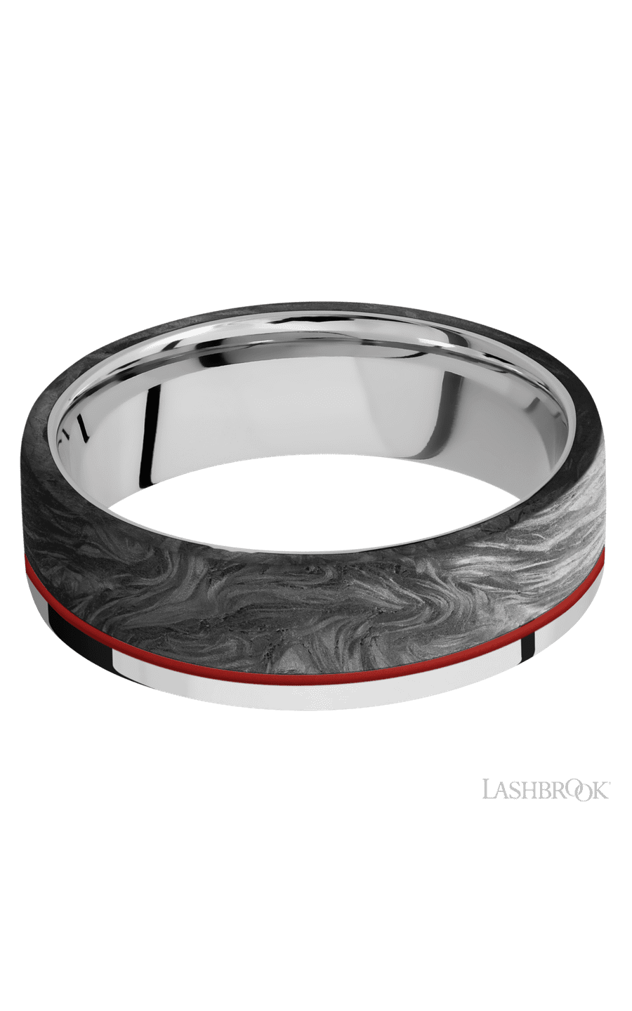 7 mm wide/Flat/Cobalt Chrome band with one 5 mm Off Center Edge inlay of Forged Carbon Fiber.