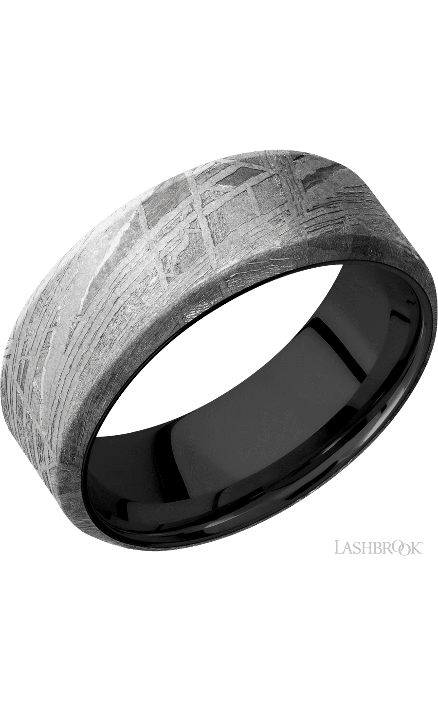 8 mm wide Beveled Meteorite band featuring a Zirconium sleeve.