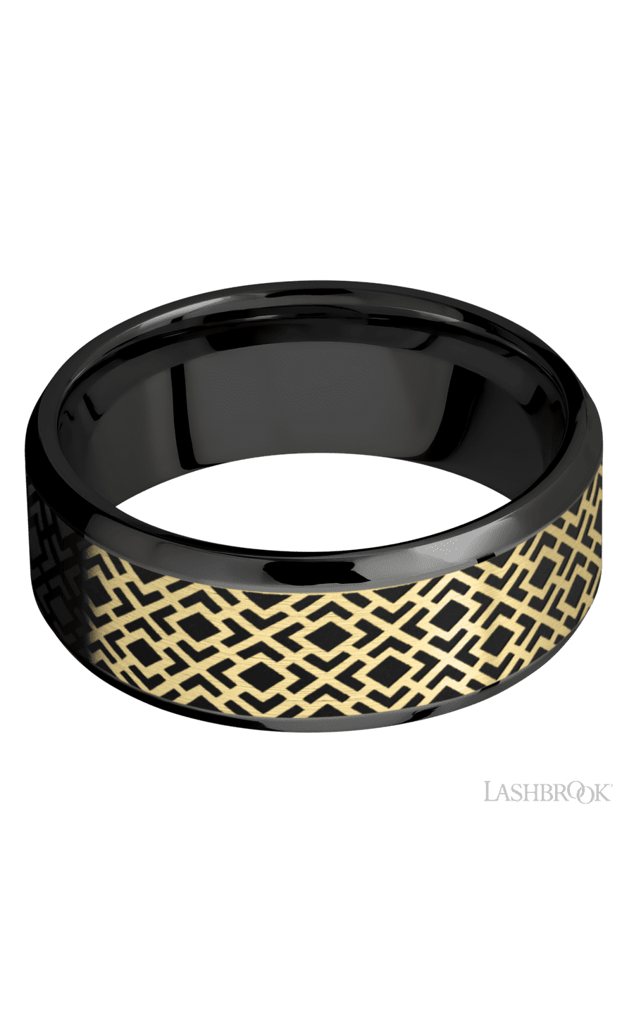 8 mm wide/Beveled/Zirconium band with one 6 mm Centered inlay of 14K Yellow Gold with a laser carved Trellis 2 pattern.