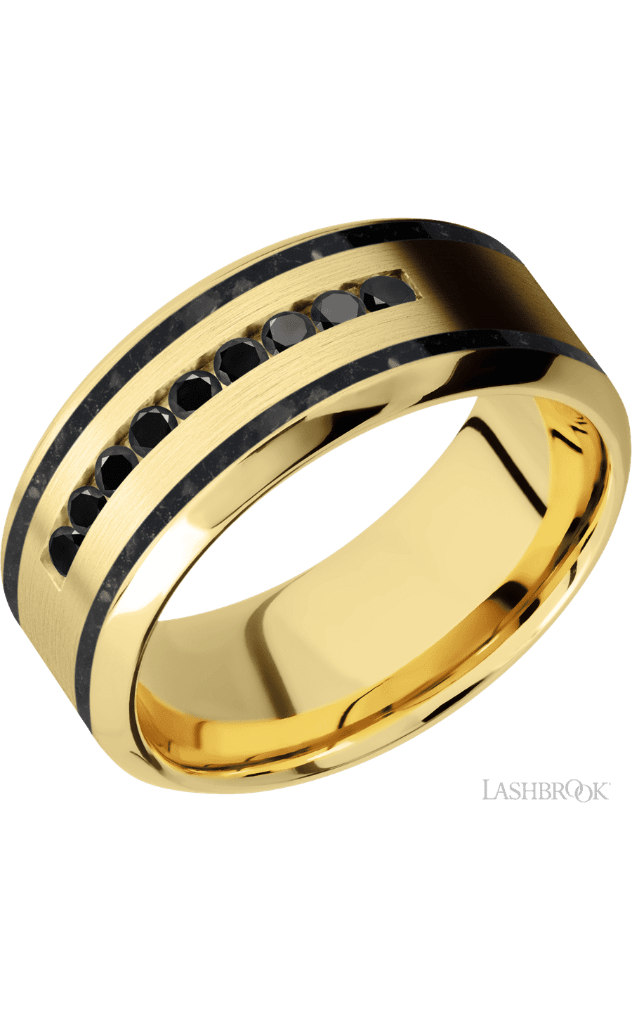 9 mm wide/High Bevel/14K Yellow Gold band with  two 1 mm Wide inlays of Black Onyx and featuring an  arrangement of 9, .03 carat Round Black Diamond stones in a Channel setting