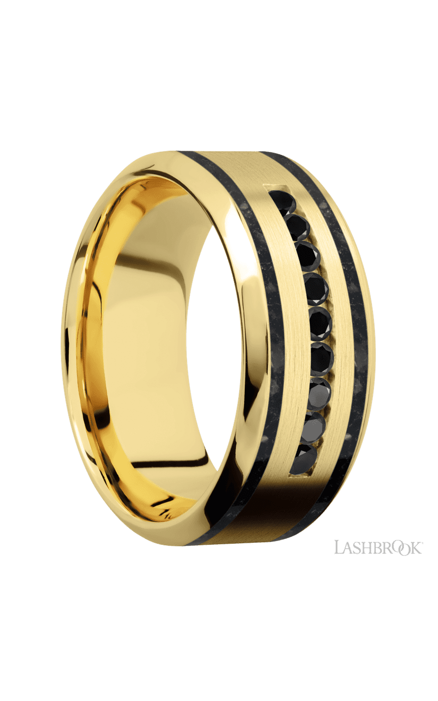 9 mm wide/High Bevel/14K Yellow Gold band with  two 1 mm Wide inlays of Black Onyx and featuring an  arrangement of 9, .03 carat Round Black Diamond stones in a Channel setting