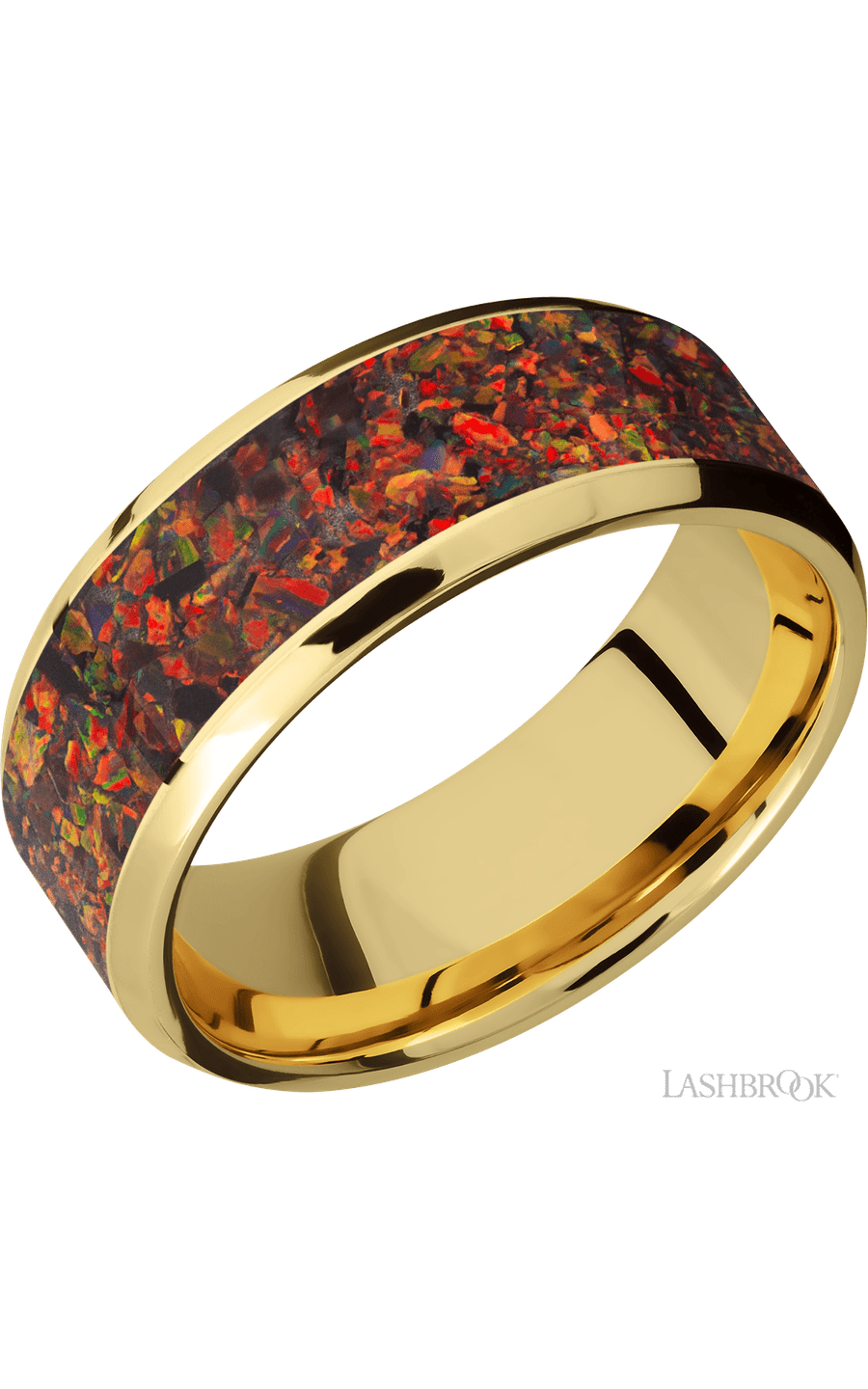 8 mm wide/Beveled/14K Yellow Gold band with one 6 mm Centered inlay of Red Opal.
