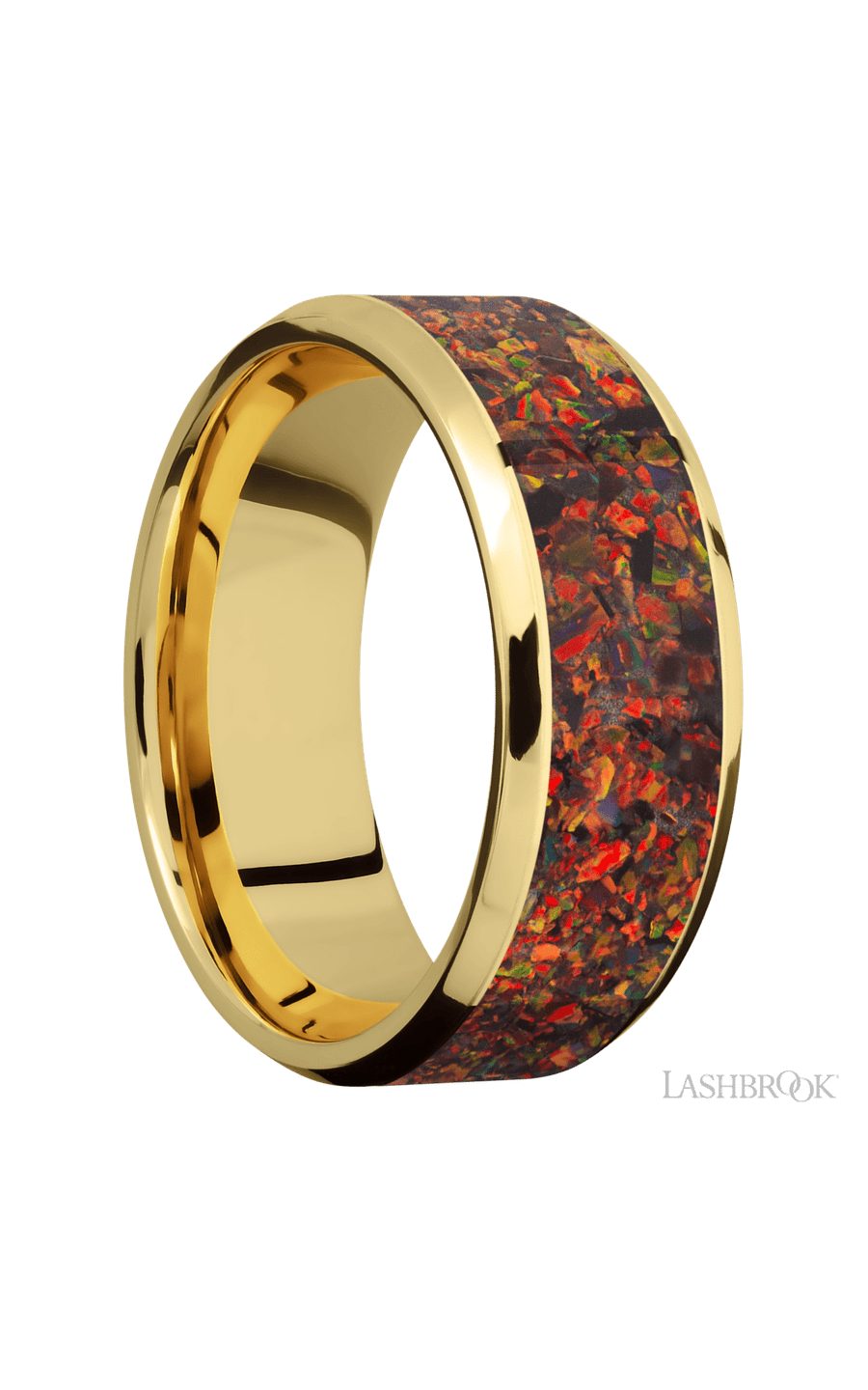8 mm wide/Beveled/14K Yellow Gold band with one 6 mm Centered inlay of Red Opal.