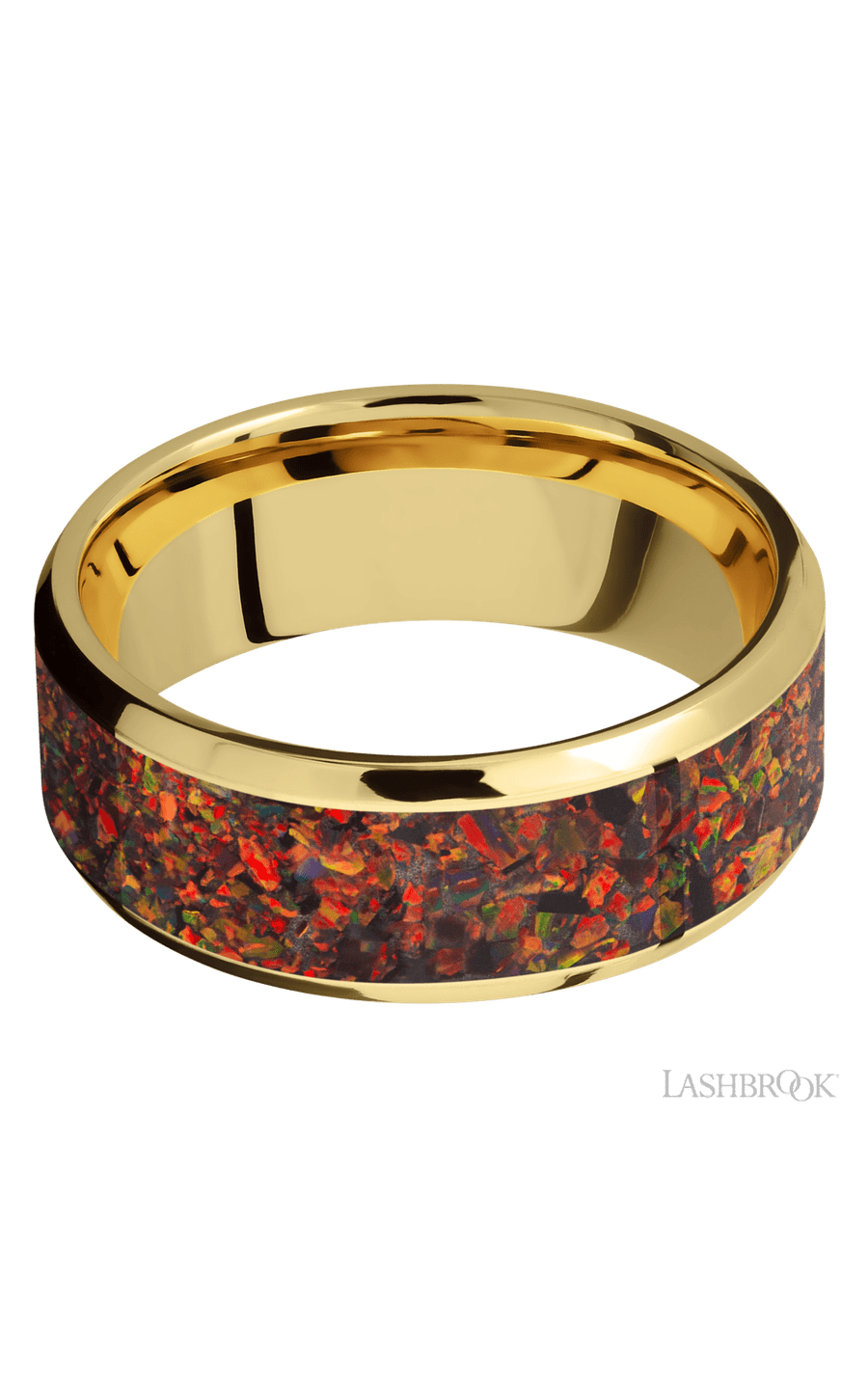 8 mm wide/Beveled/14K Yellow Gold band with one 6 mm Centered inlay of Red Opal.