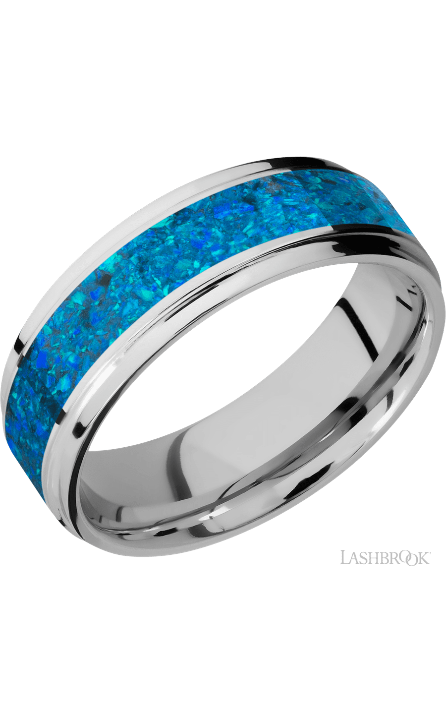 7 mm wide/Flat Grooved Edges/Cobalt Chrome band with one 4 mm Centered inlay of Blue Opal.