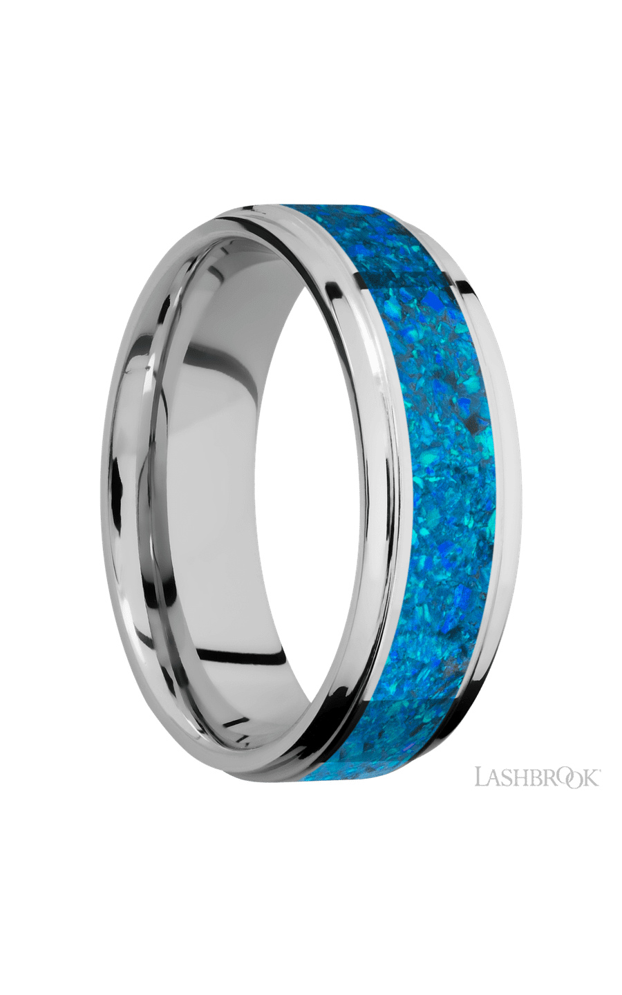 7 mm wide/Flat Grooved Edges/Cobalt Chrome band with one 4 mm Centered inlay of Blue Opal.