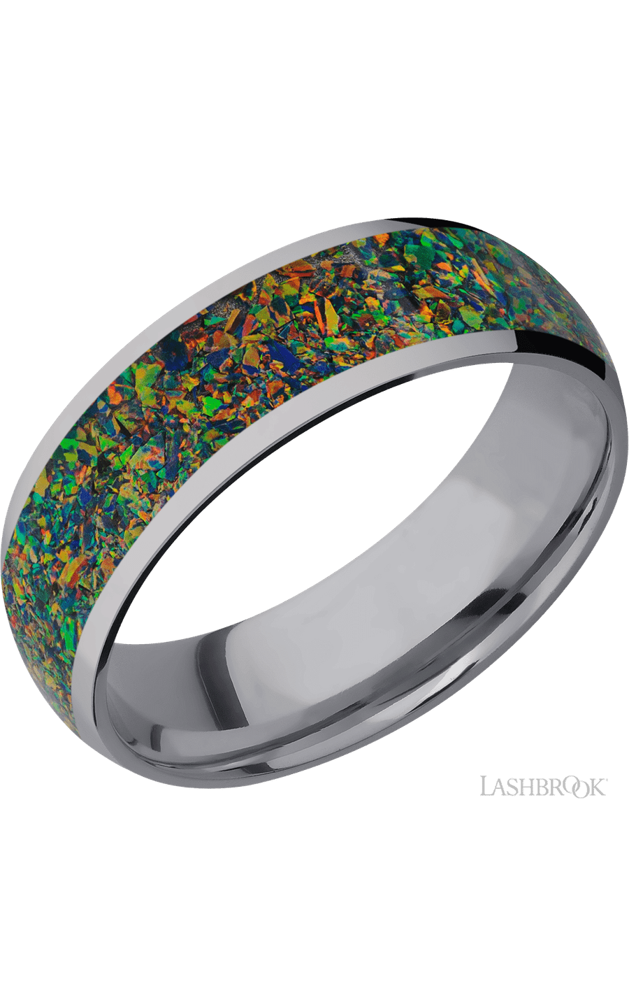 7 mm wide/Domed/Tantalum band with one 5 mm Centered inlay of Black Opal.
