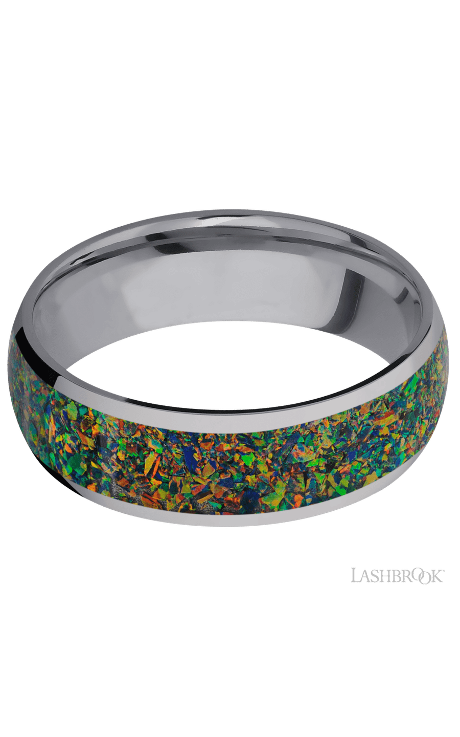 7 mm wide/Domed/Tantalum band with one 5 mm Centered inlay of Black Opal.