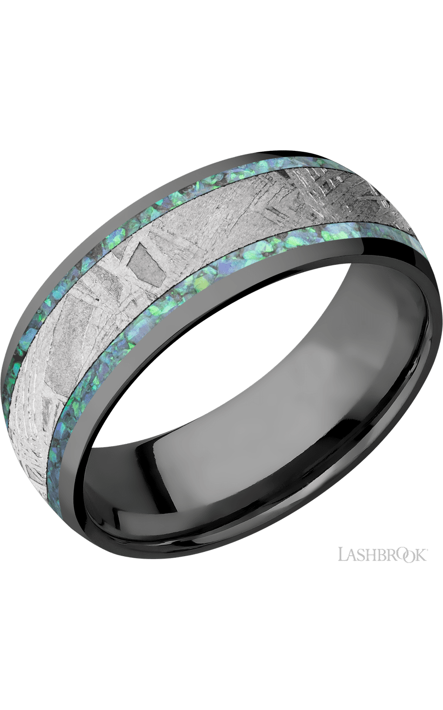 8 mm wide/Domed/Zirconium band featuring inlays of Teal Opal and Meteorite.