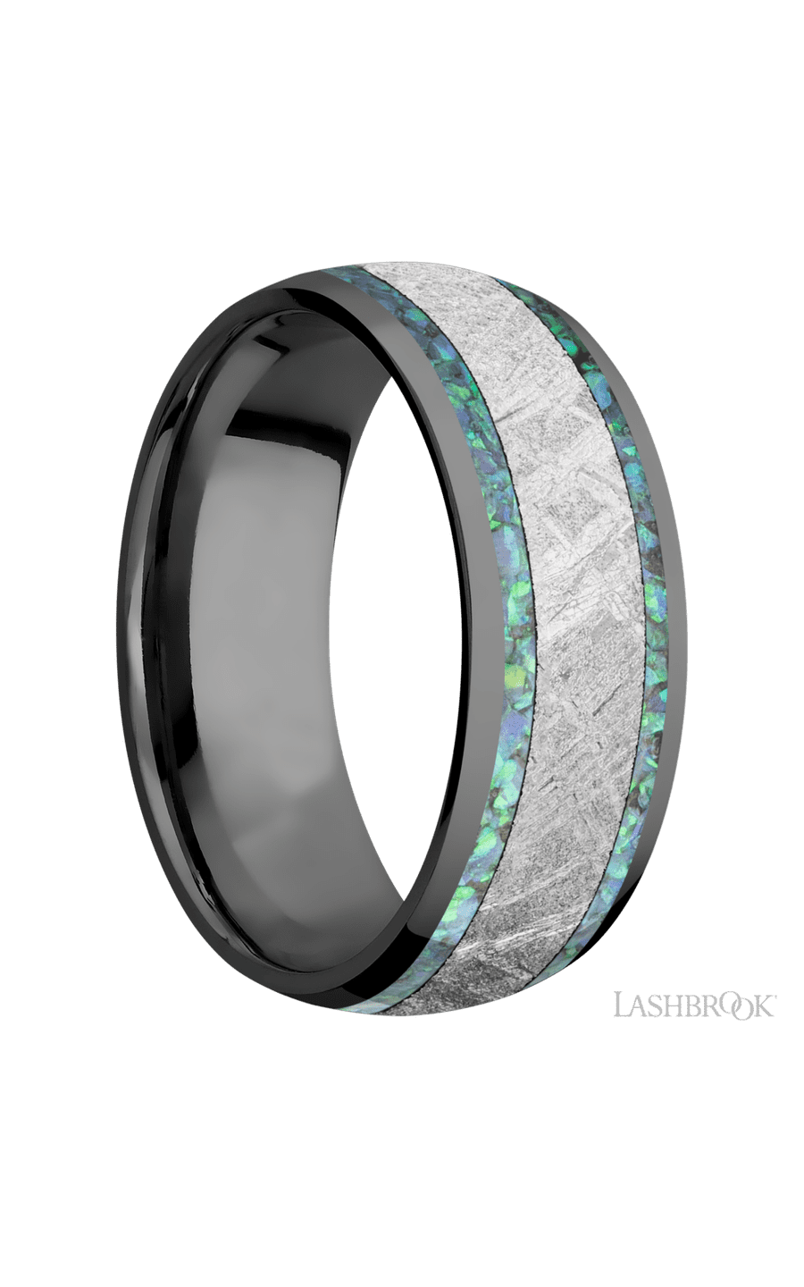 8 mm wide/Domed/Zirconium band featuring inlays of Teal Opal and Meteorite.