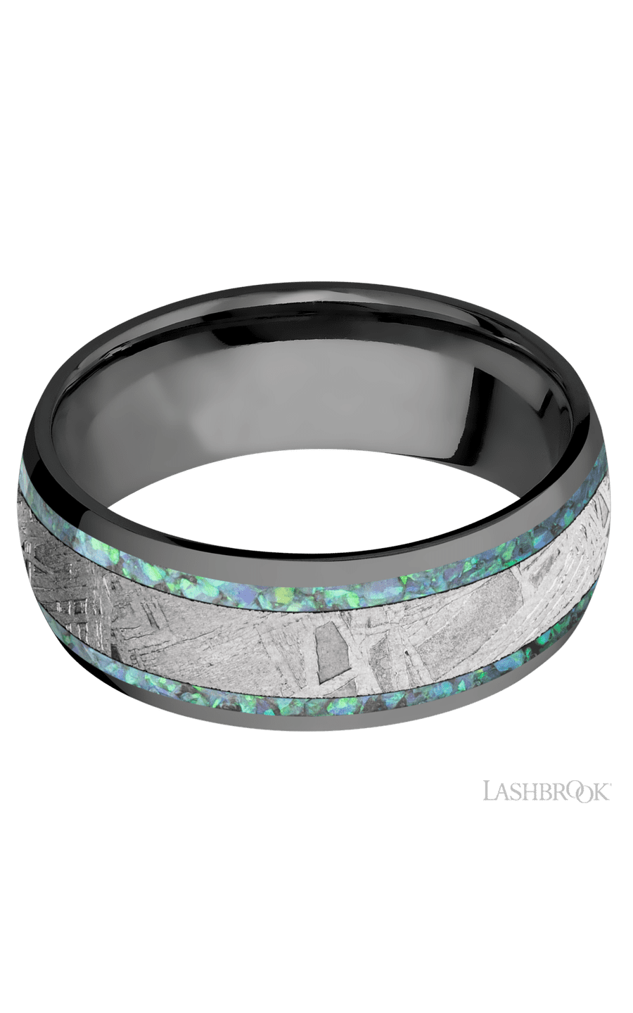 8 mm wide/Domed/Zirconium band featuring inlays of Teal Opal and Meteorite.