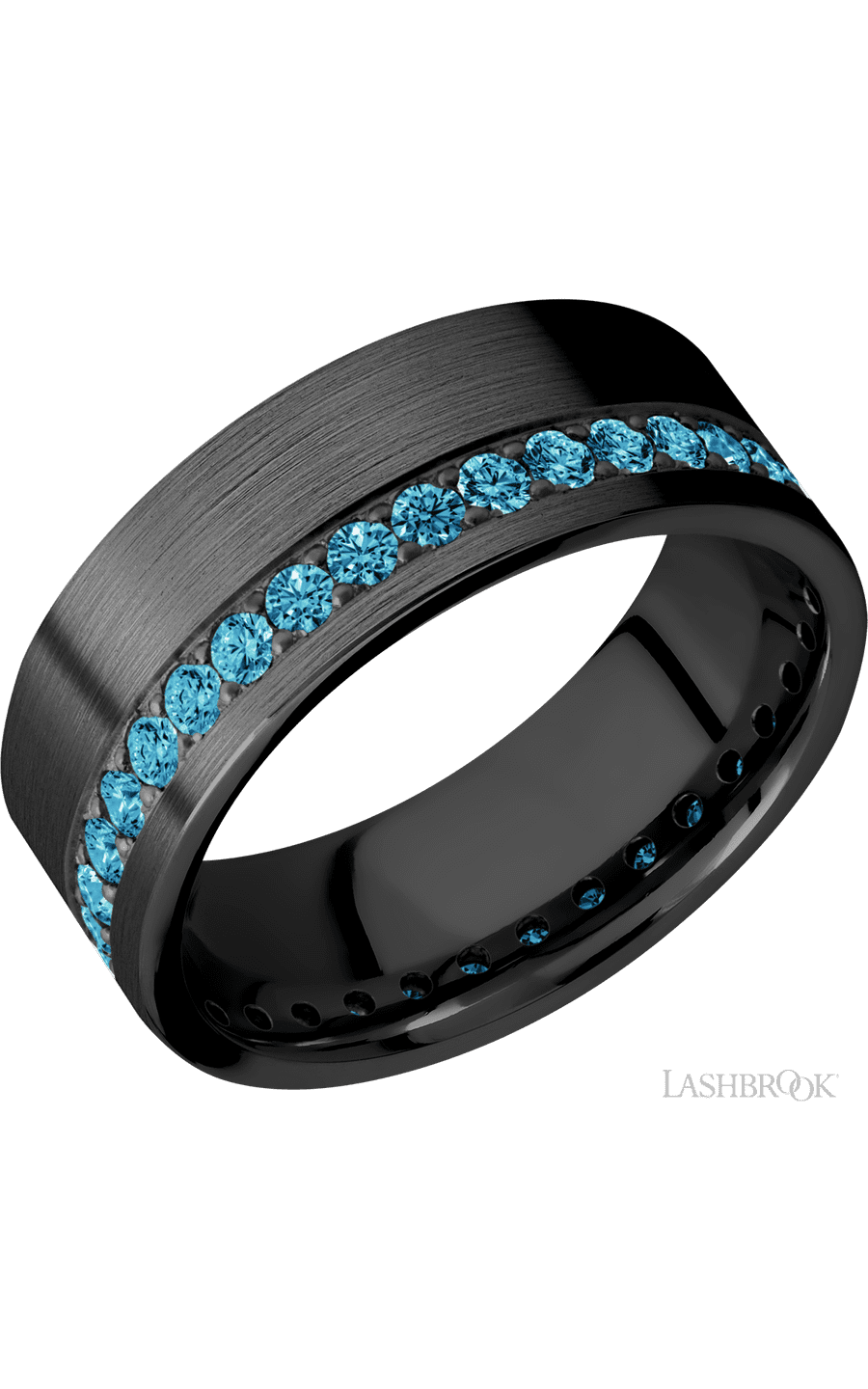 8 mm wide/Flat/Zirconium band with a Off Center Eternity arrangement of .03 carat Round Lab Blue Diamond stones in a Bead setting.