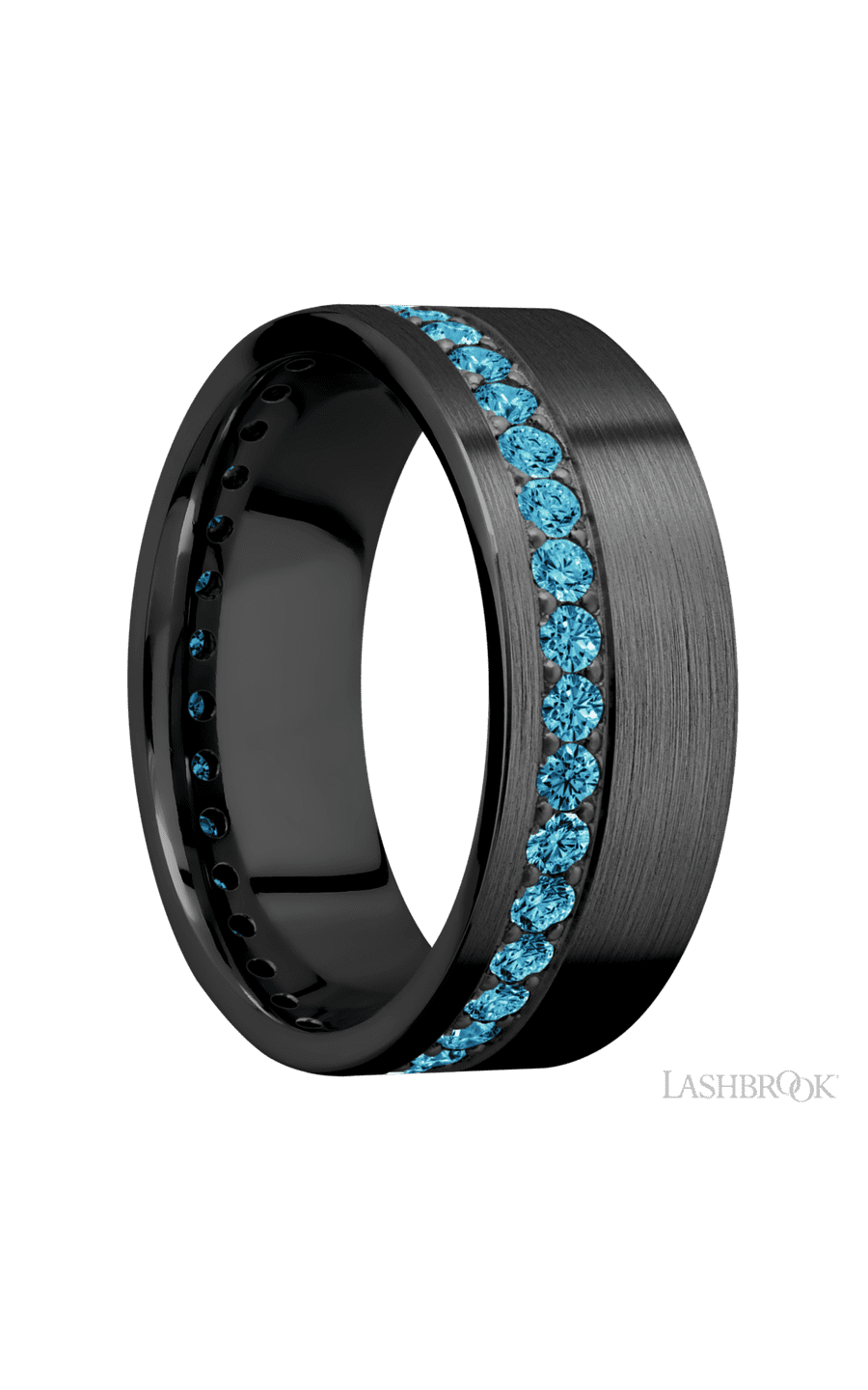 8 mm wide/Flat/Zirconium band with a Off Center Eternity arrangement of .03 carat Round Lab Blue Diamond stones in a Bead setting.