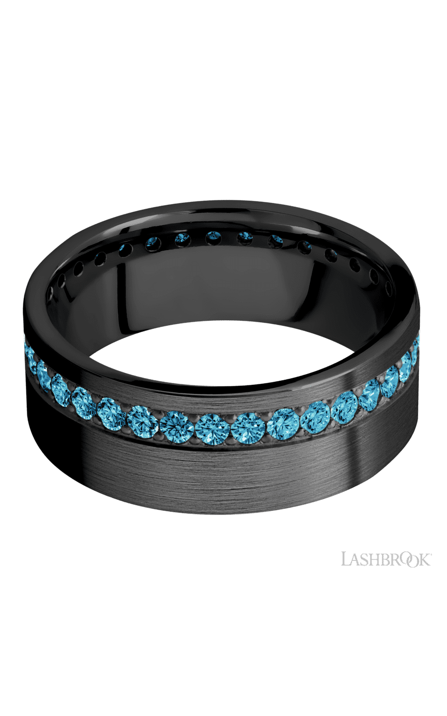 8 mm wide/Flat/Zirconium band with a Off Center Eternity arrangement of .03 carat Round Lab Blue Diamond stones in a Bead setting.