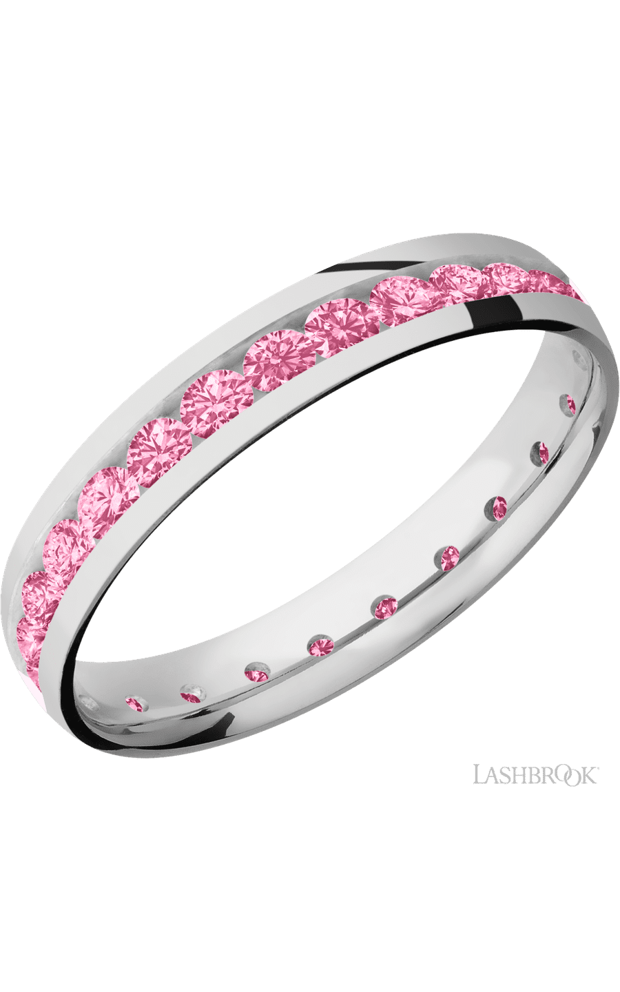 4 mm wide/Domed/Cobalt Chrome band with an Eternity arrangement of .07 carat Round Lab Dark Pink Diamond stones in a Channel setting.