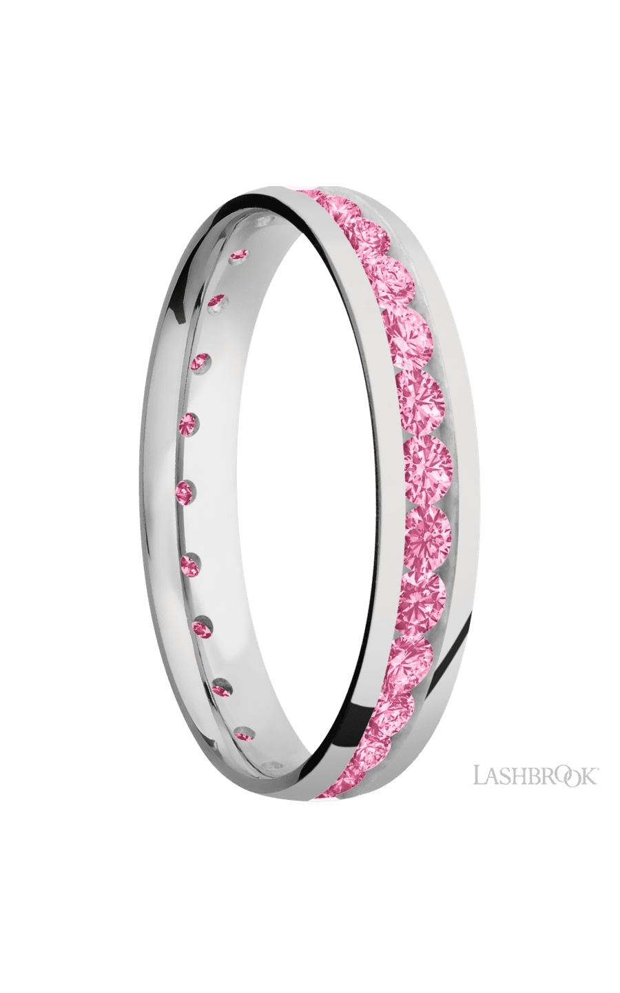4 mm wide/Domed/Cobalt Chrome band with an Eternity arrangement of .07 carat Round Lab Dark Pink Diamond stones in a Channel setting.