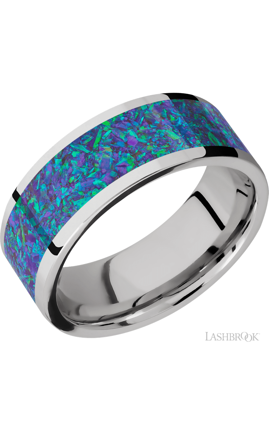 8 mm wide/Flat/Cobalt Chrome band with one 6 mm Centered inlay of Blue Green Opal.