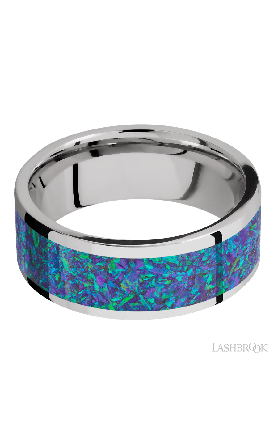 8 mm wide/Flat/Cobalt Chrome band with one 6 mm Centered inlay of Blue Green Opal.