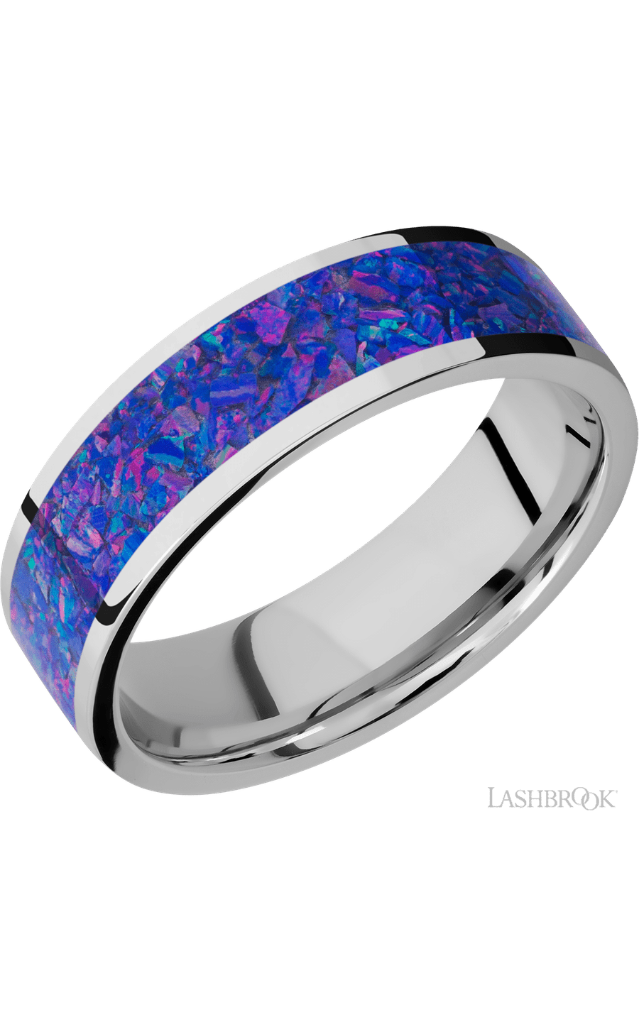 7 mm wide/Flat/Cobalt Chrome band with one 5 mm Centered inlay of Purple Opal.