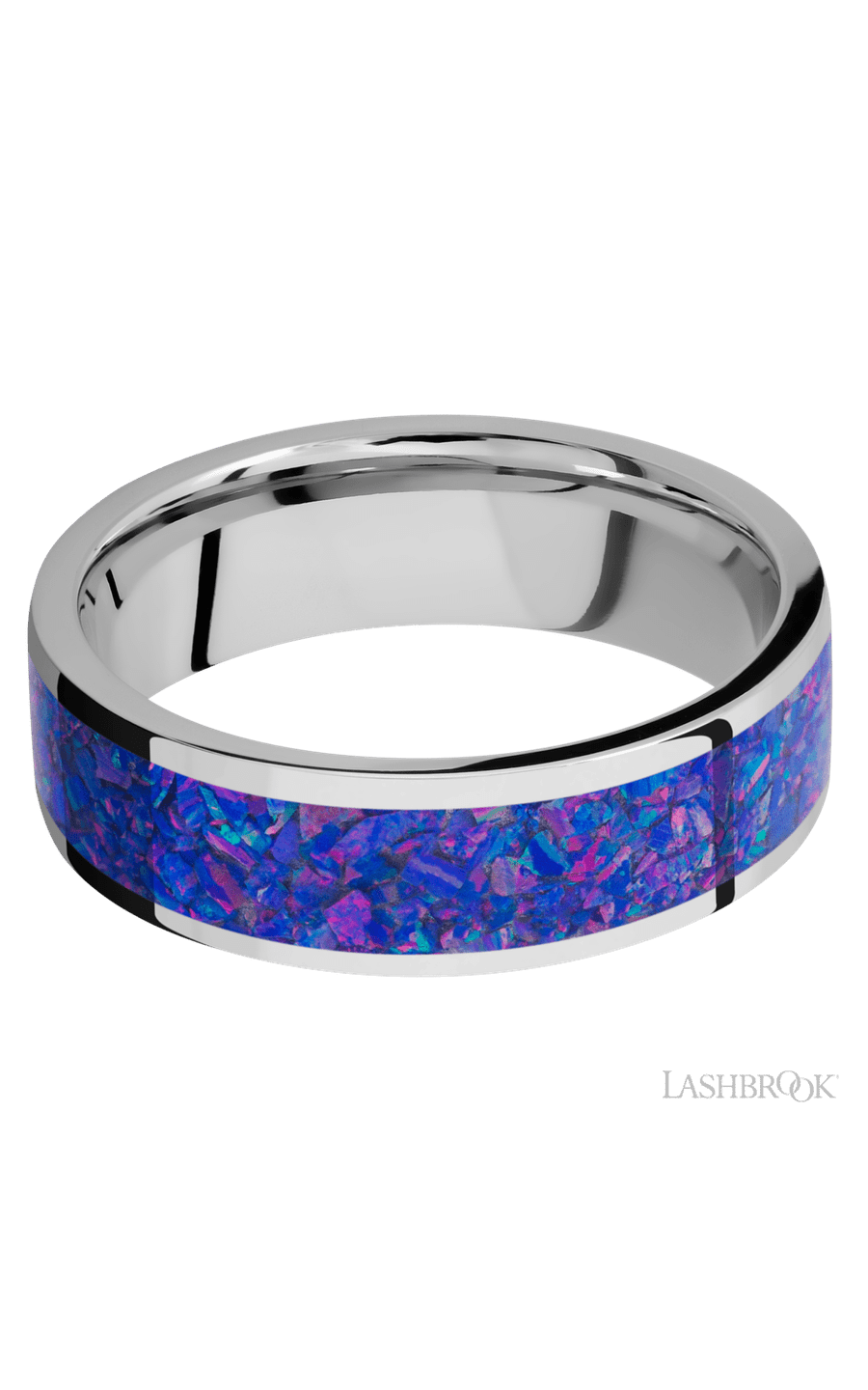 7 mm wide/Flat/Cobalt Chrome band with one 5 mm Centered inlay of Purple Opal.