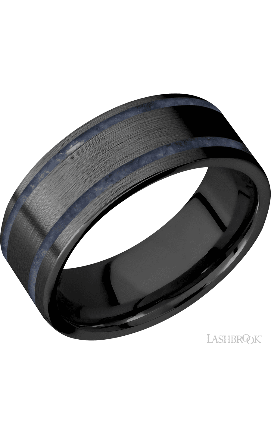 8 mm wide/Flat/Zirconium band with two 1 mm Wide inlays of Sodalite.