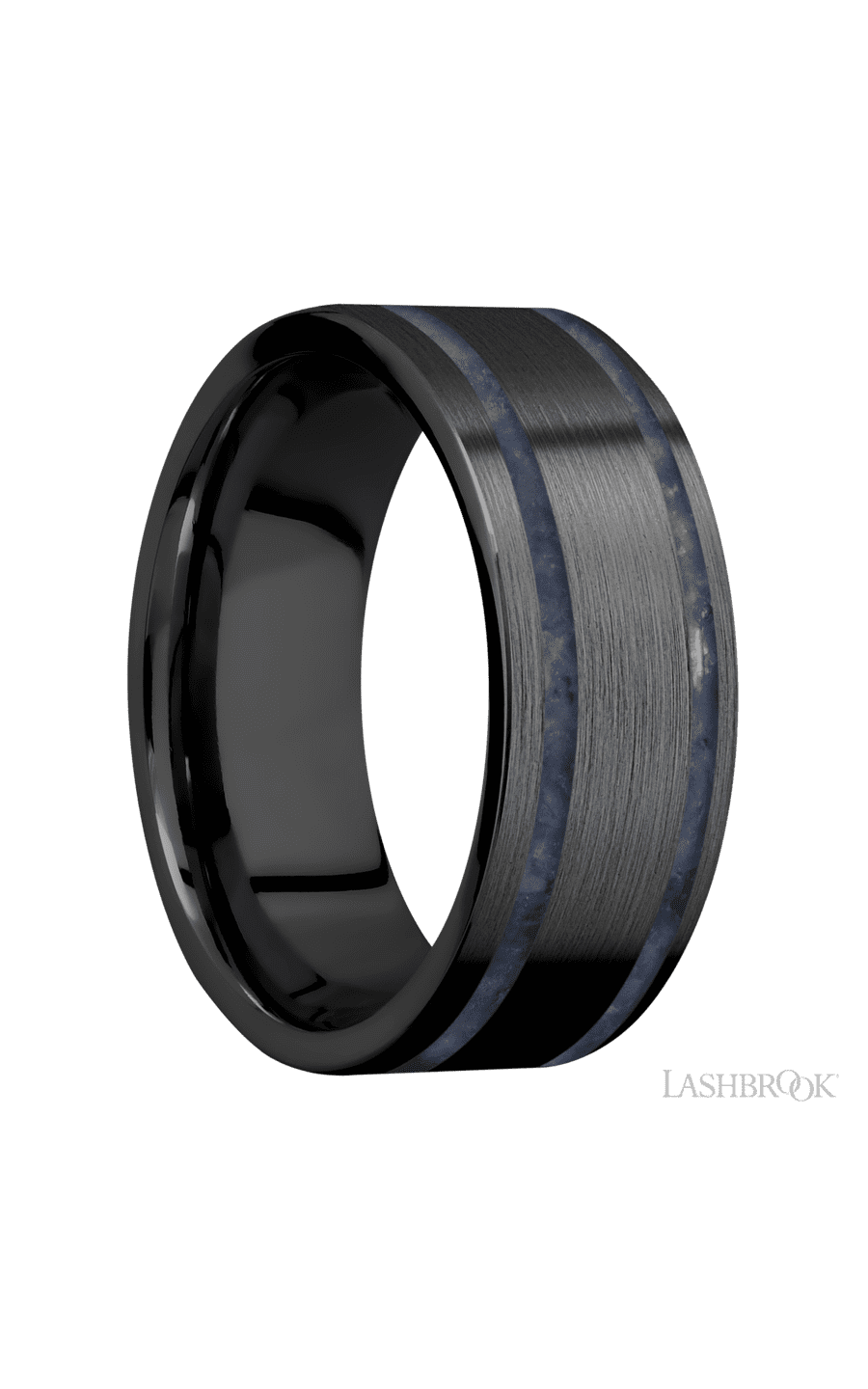 8 mm wide/Flat/Zirconium band with two 1 mm Wide inlays of Sodalite.