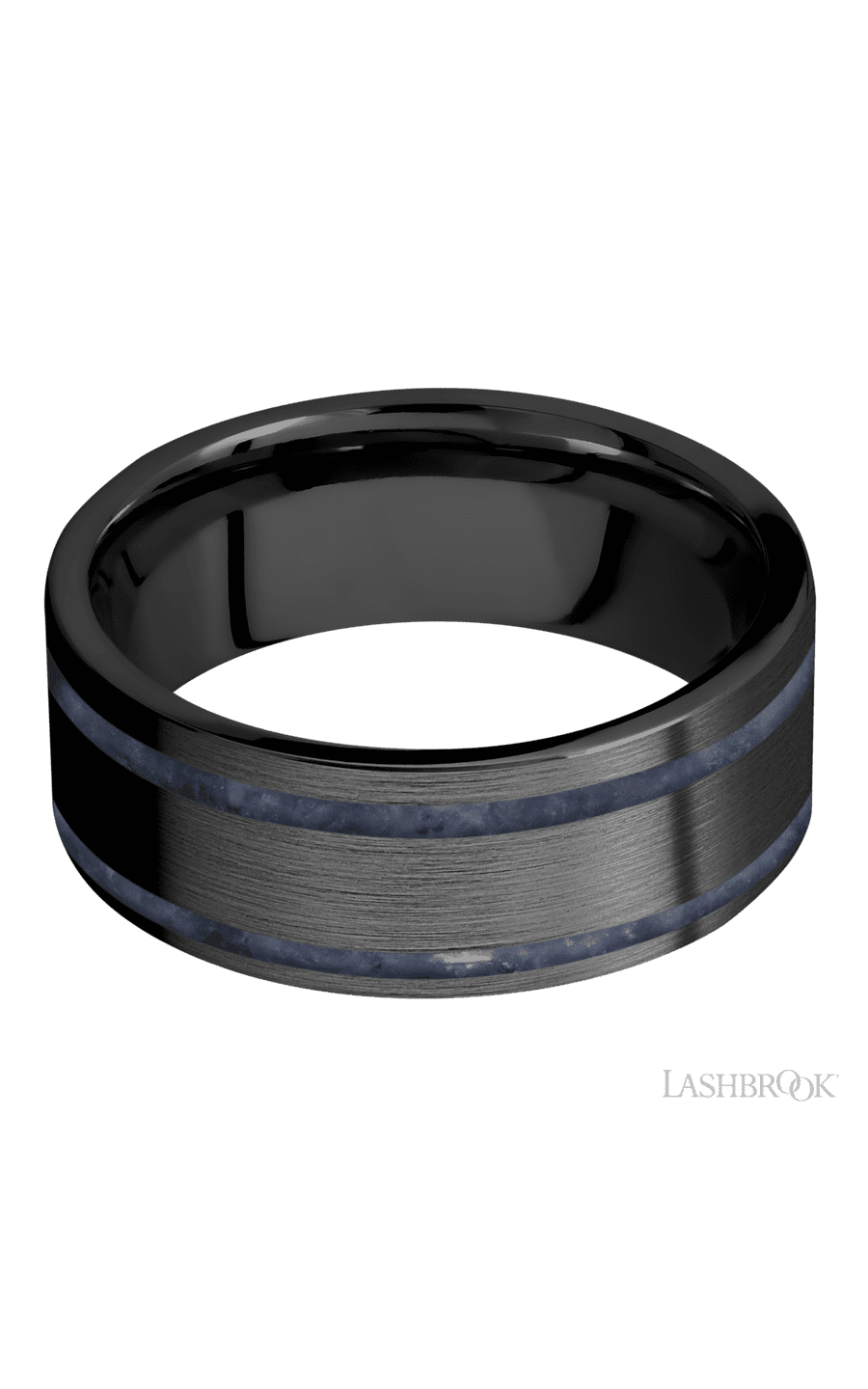 8 mm wide/Flat/Zirconium band with two 1 mm Wide inlays of Sodalite.