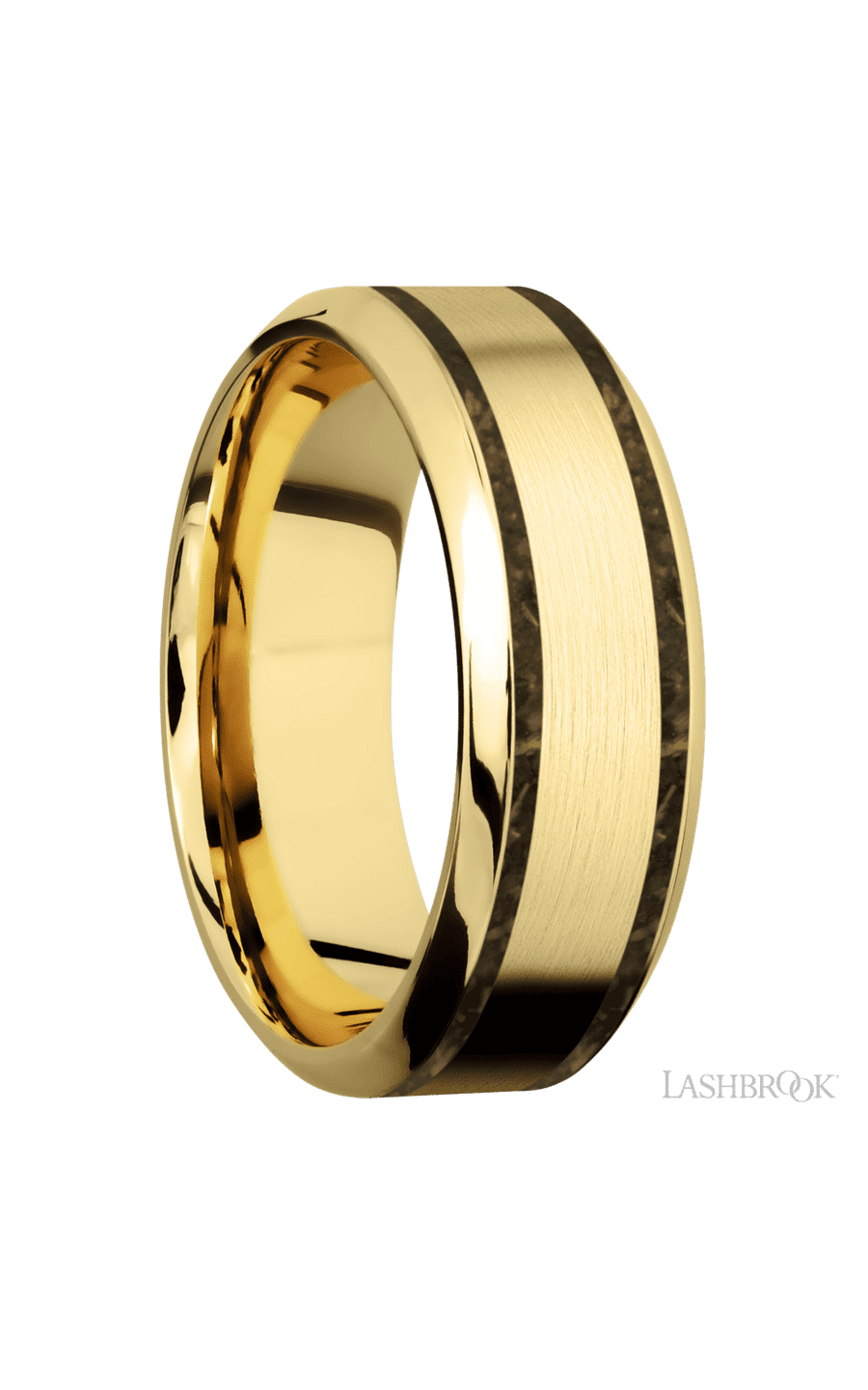 8 mm wide/High Bevel/14K Yellow Gold band with two 1 mm Wide inlays of Gold Tiger Eye.