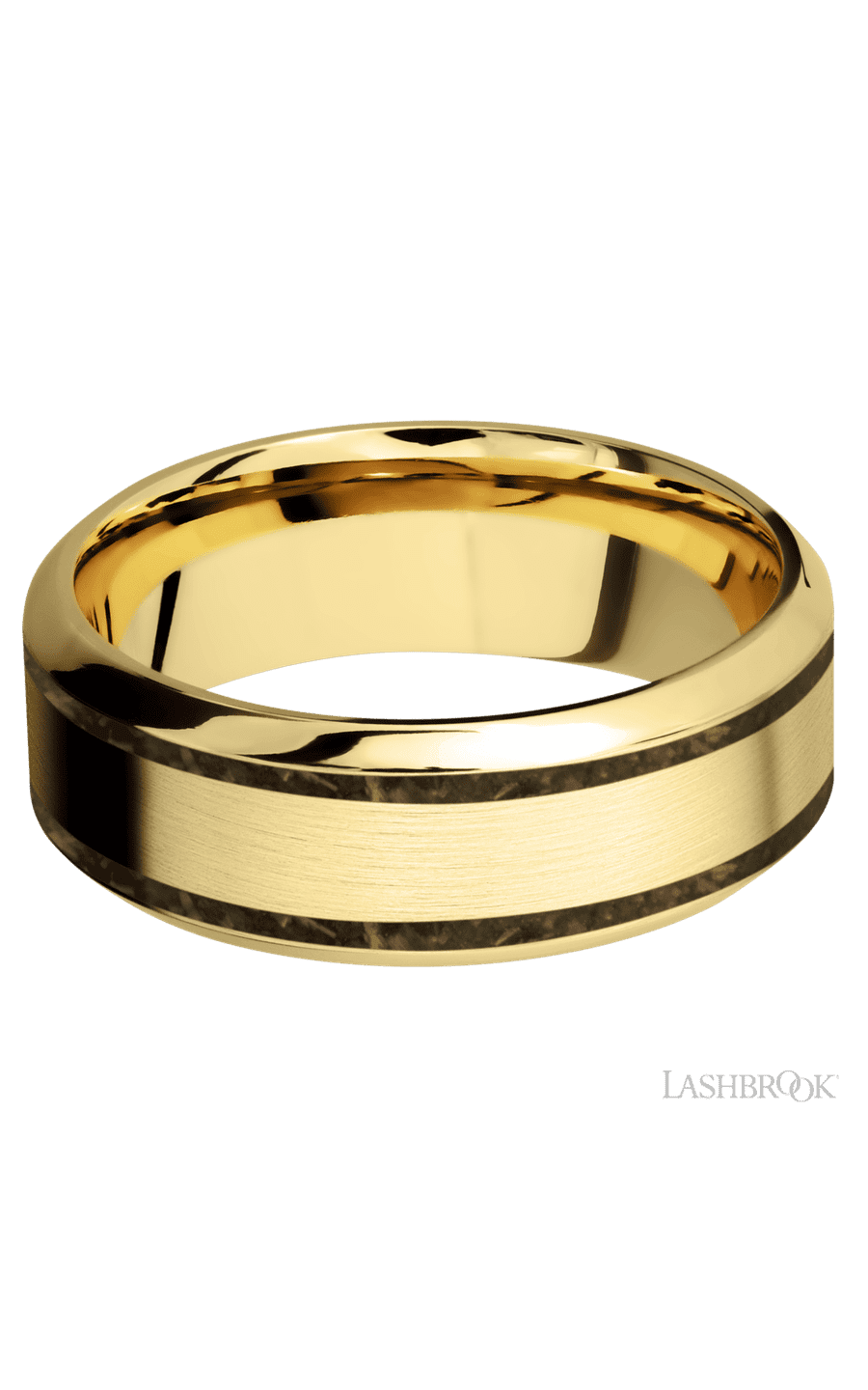 8 mm wide/High Bevel/14K Yellow Gold band with two 1 mm Wide inlays of Gold Tiger Eye.