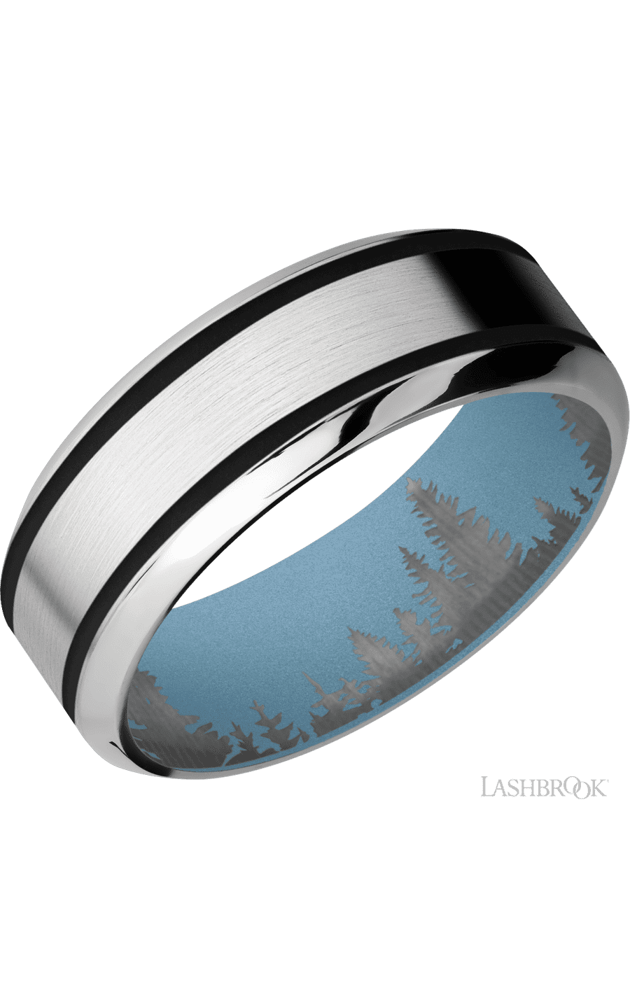 8 mm wide/High Bevel/Cobalt Chrome band with two 1 mm Wide inlays of Black also featuring a Polar Blue sleeve.